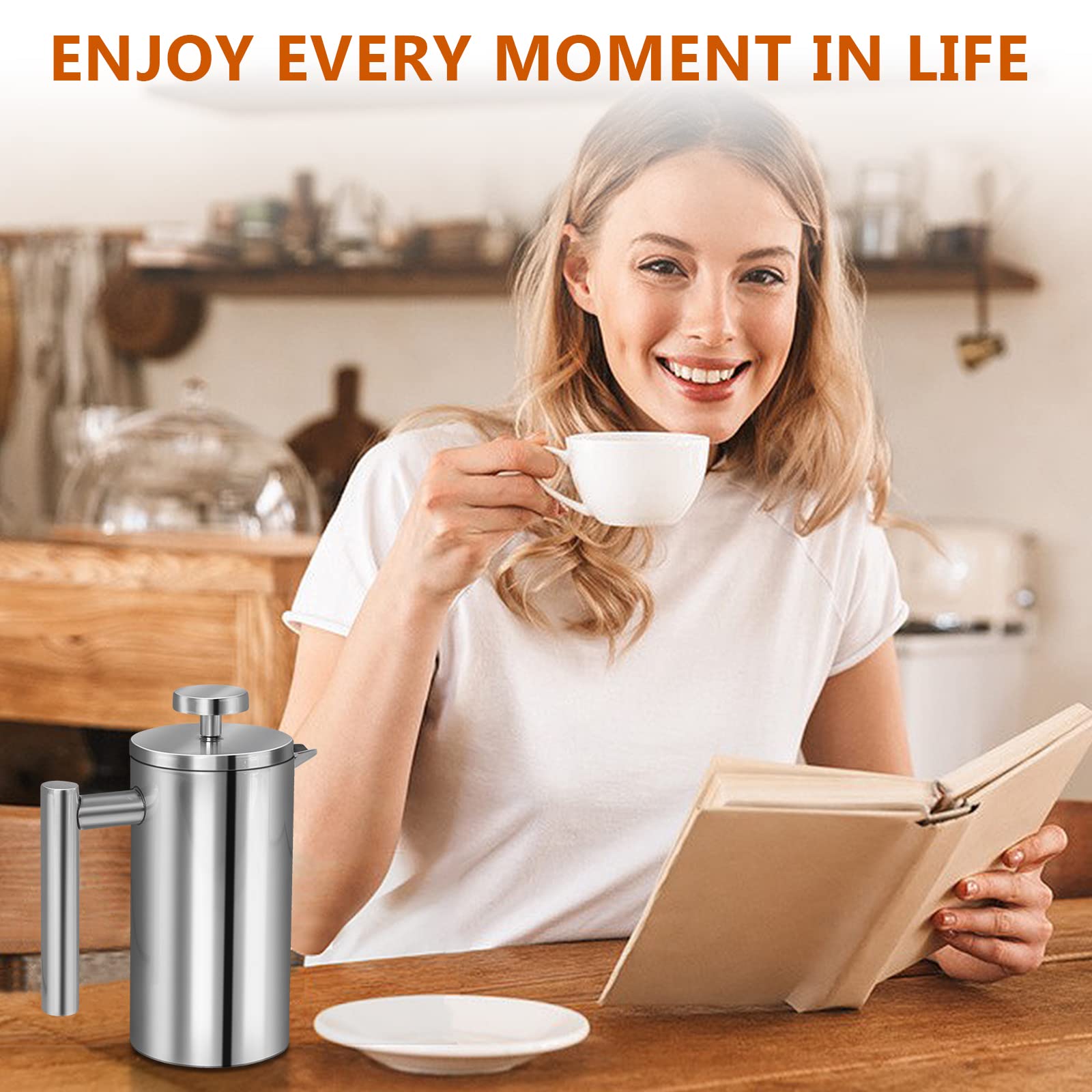 Premium Stainless Steel French Press Coffee Maker - 34oz/1000ml Double Wall Insulated for Hot Coffee & Tea - Includes 3 Extra Filters & Measuring Spoon - Ideal for Home, Office & Camping Use - Silver