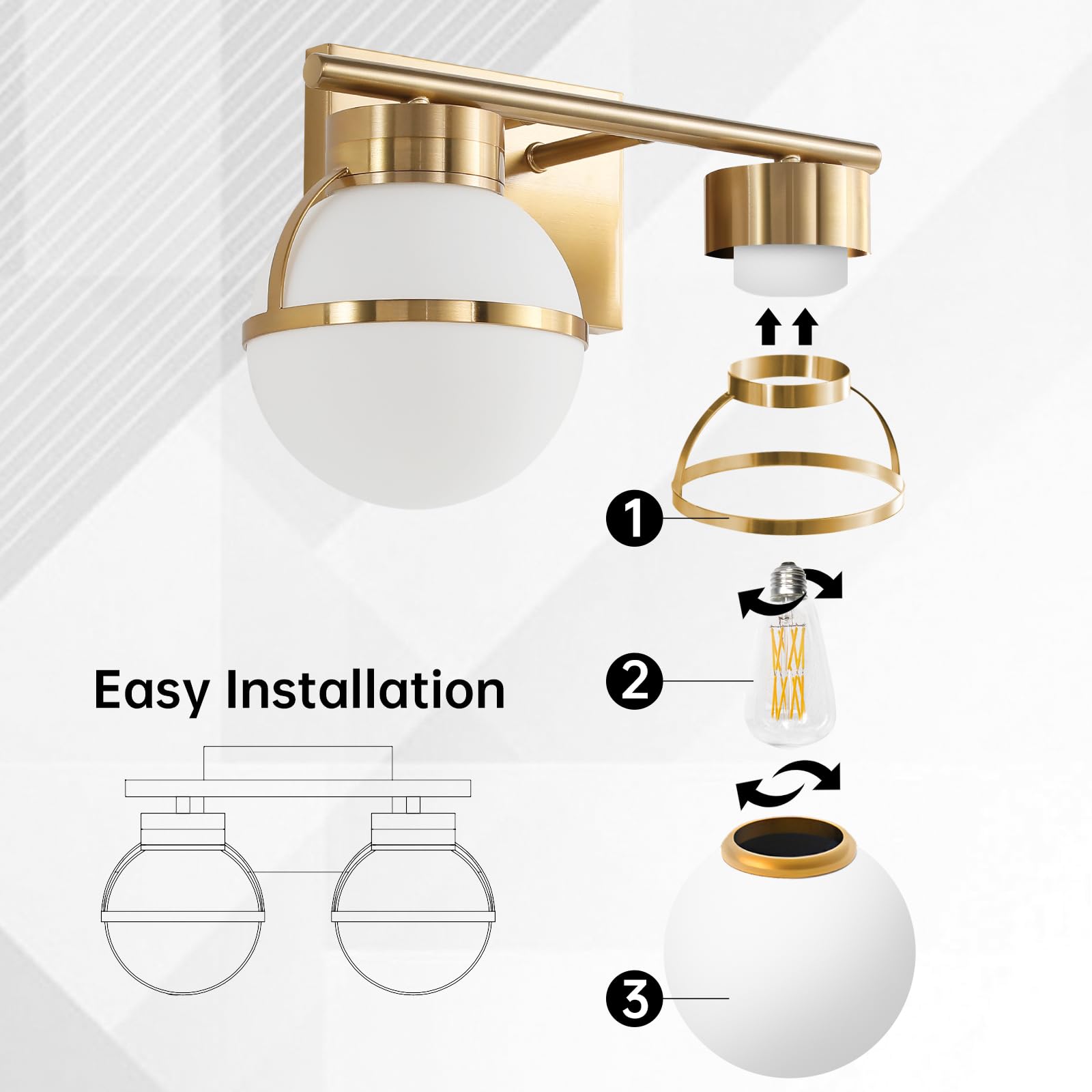 Gold Bathroom Vanity Light Fixture - 2 Light Modern Vanity Lighting with Frosted Glass Shades & Metal Base (15.2 inch) - Perfect for Bathroom, Powder Room & Dressing Area - Excludes E26 Bulb