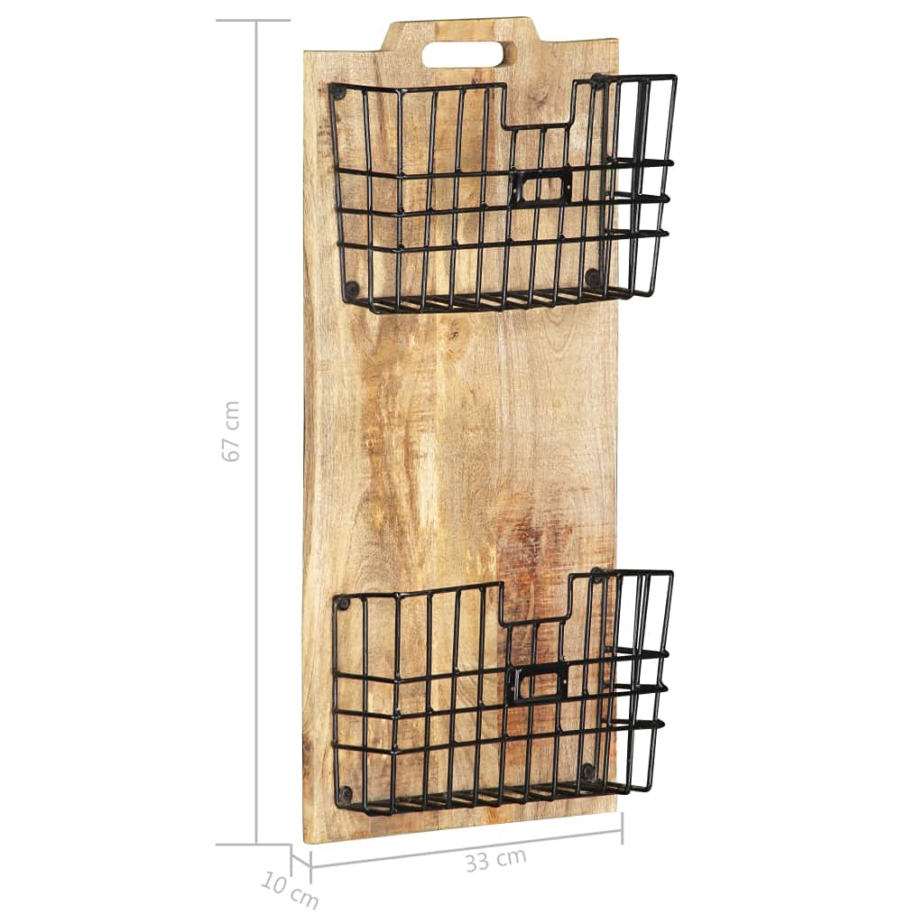Brown Wall-Mounted Magazine Rack - Solid Mango Wood & Steel with 2 Storage Baskets - Polished Painted Varnished Finish - Perfect for Living Room, Office & Bedroom Organization