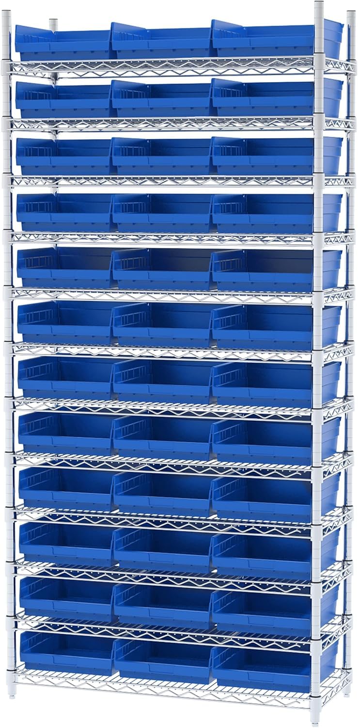 Akro-Mils 30170 Heavy Duty Plastic Storage Bins - 12 Pack, 12x11x4 Inch Blue Shelf Organizers for Garage, Closet, Drawer & Pantry Organization - Durable Stackable Bins for Tools, Toys, Office Supplies & Home Storage