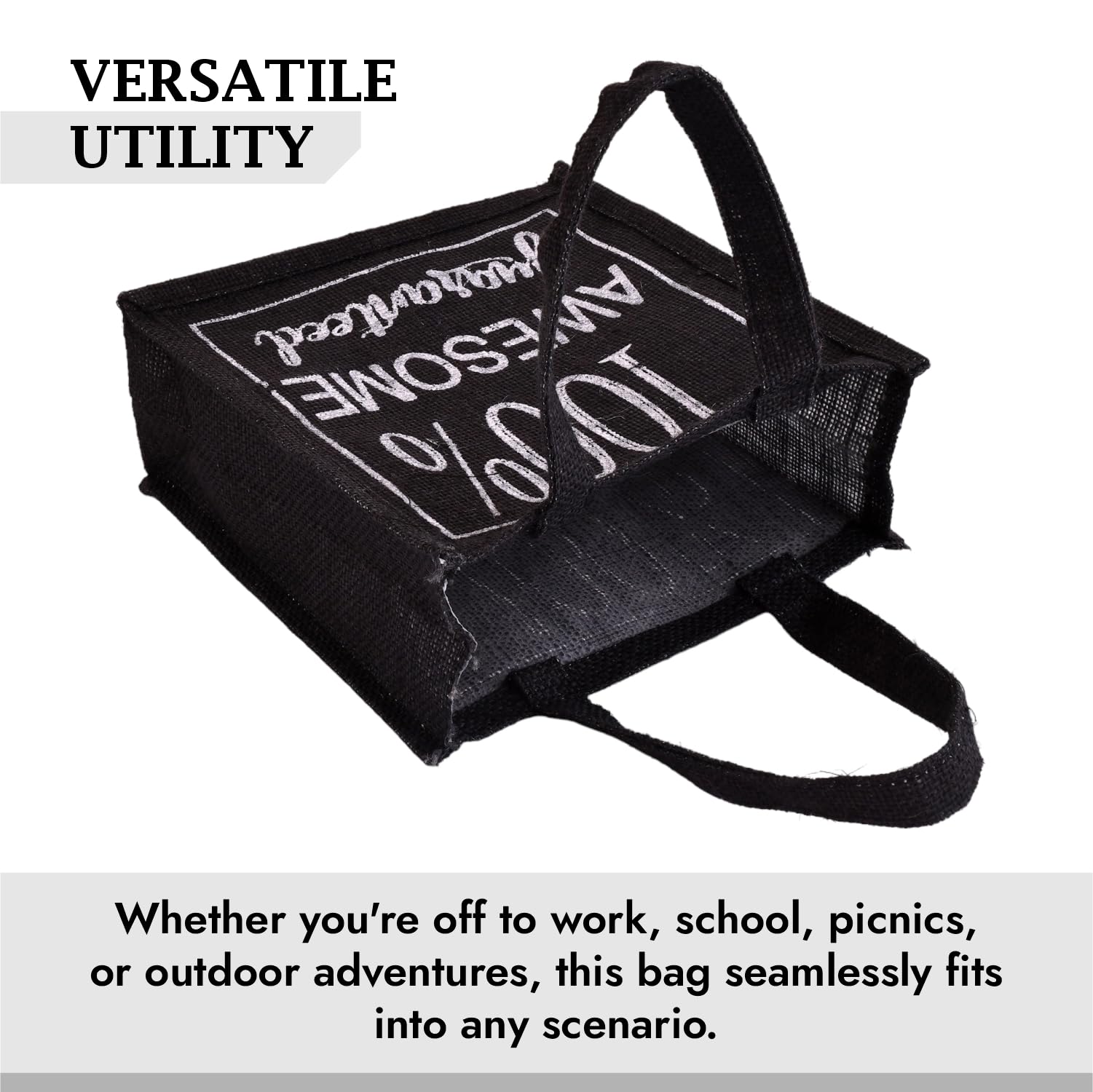 Kuber Industries Reusable Jute Lunch Bag with Handle - Eco-Friendly Office Lunch Tote for Work, School & Picnics - Small Size, Pack of 2 in Black with Stylish Print