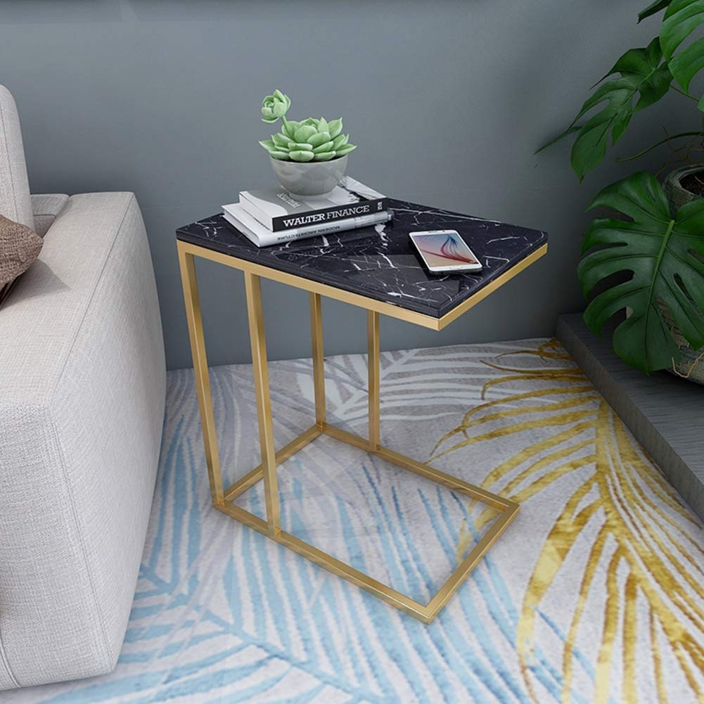 Marble Finish Gold Frame C-Shaped End Table - 21.6 Inch Home Snack Side Table for Sofa, Couch & Bedside | Perfect for Living Room, Laptop Use & Breakfast in Bed