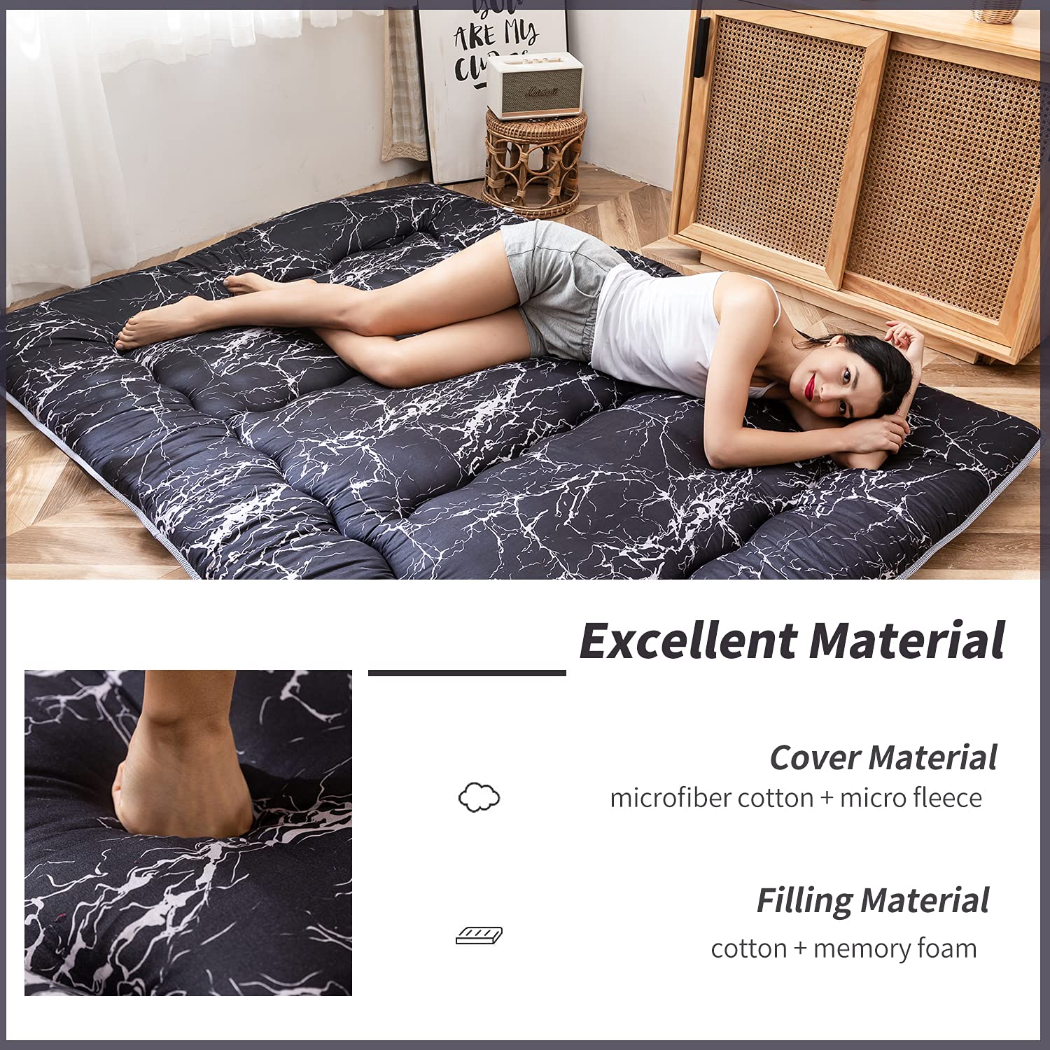 Black Marble Printed Japanese Futon Floor Mattress - Thick Roll-Up Sleeping Pad for Camping, Guest Bed & Home Use | King Size Floor Bed & Couch Topper | Perfect for Small Spaces, Sleepovers & Outdoor Adventures