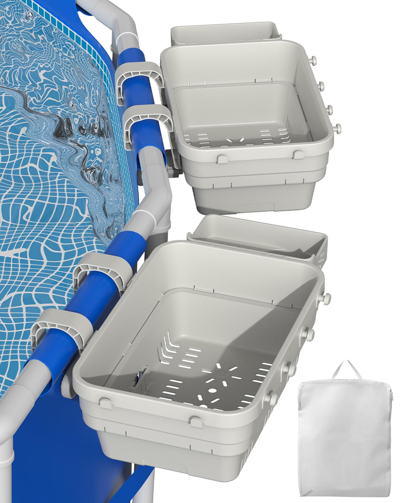 2-Pack Off White Poolside Storage Basket with Cup Holder, Mesh Bag & Support Bar - Durable Above Ground Pool Accessories for Swimming Pools | Perfect for Organizing Pool Toys, Drinks & Essentials by the Poolside