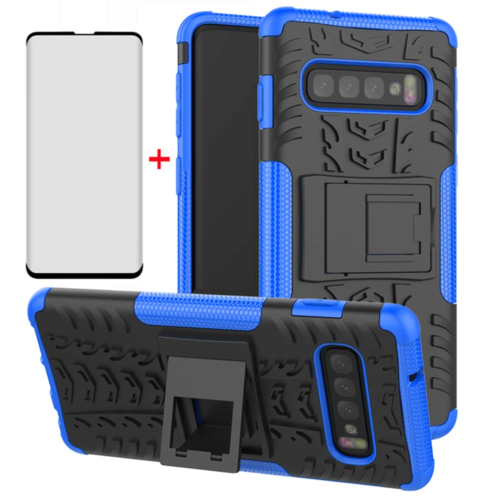 Samsung Galaxy S10 Plus Phone Case with Tempered Glass Screen Protector - Rugged Hybrid Protective Cover with Kickstand for Men (Black) | Shockproof Case for Everyday Use, Work & Outdoor Activities