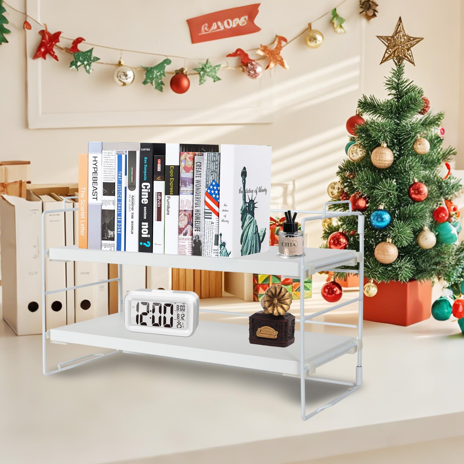 ShellKingdom 2-Tier Adjustable Desk Shelf Organizer - White | Space-Saving Bookshelf & Office Storage Rack for Tabletop, School, Dorm & Workspace Organization | Perfect for Small Spaces & Clutter-Free Desks