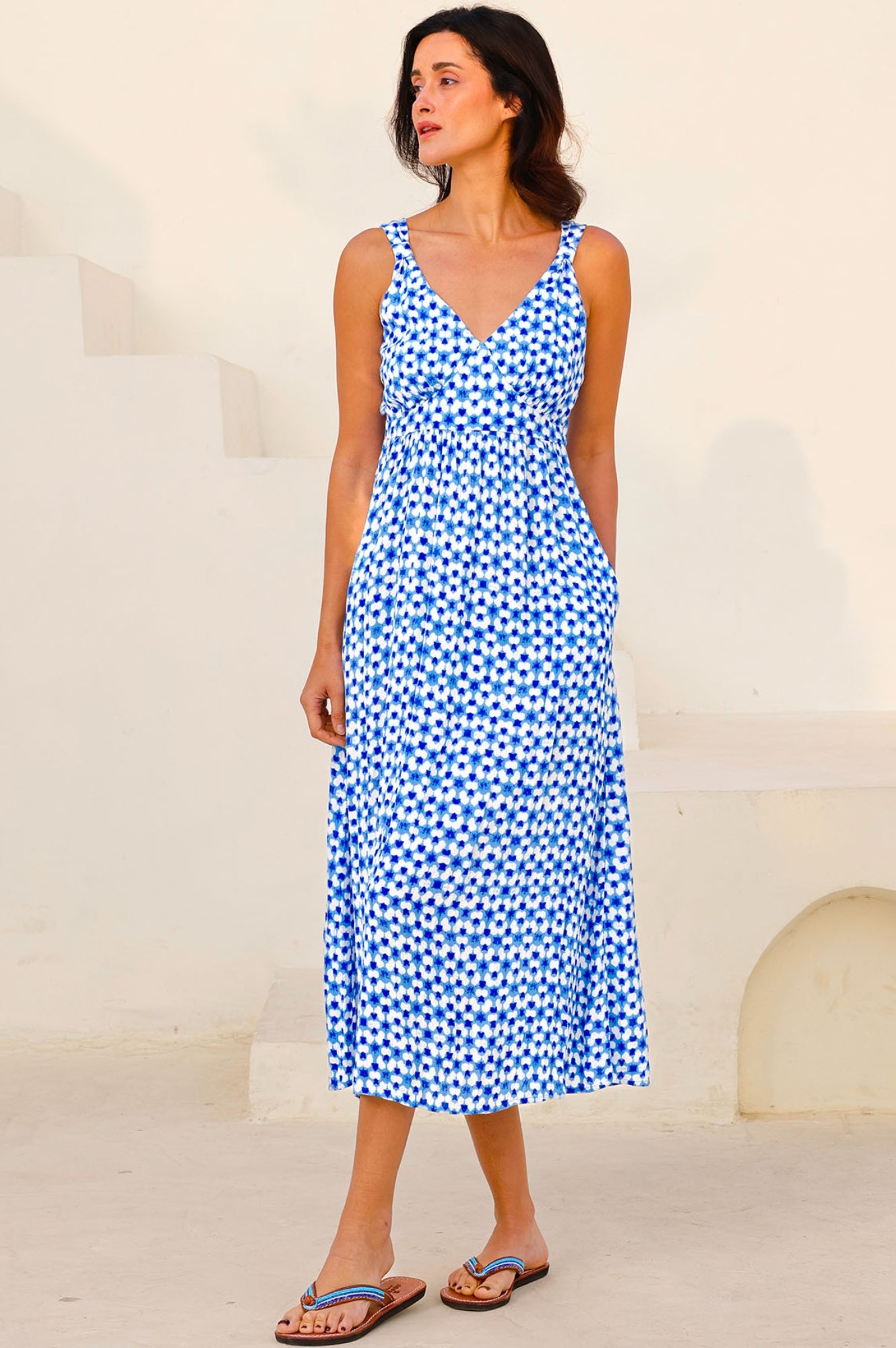 Vinnita Women's Summer Dress | Floral Maui Print Blue & White | Beach Vacation, Casual Outing, Boho Style
