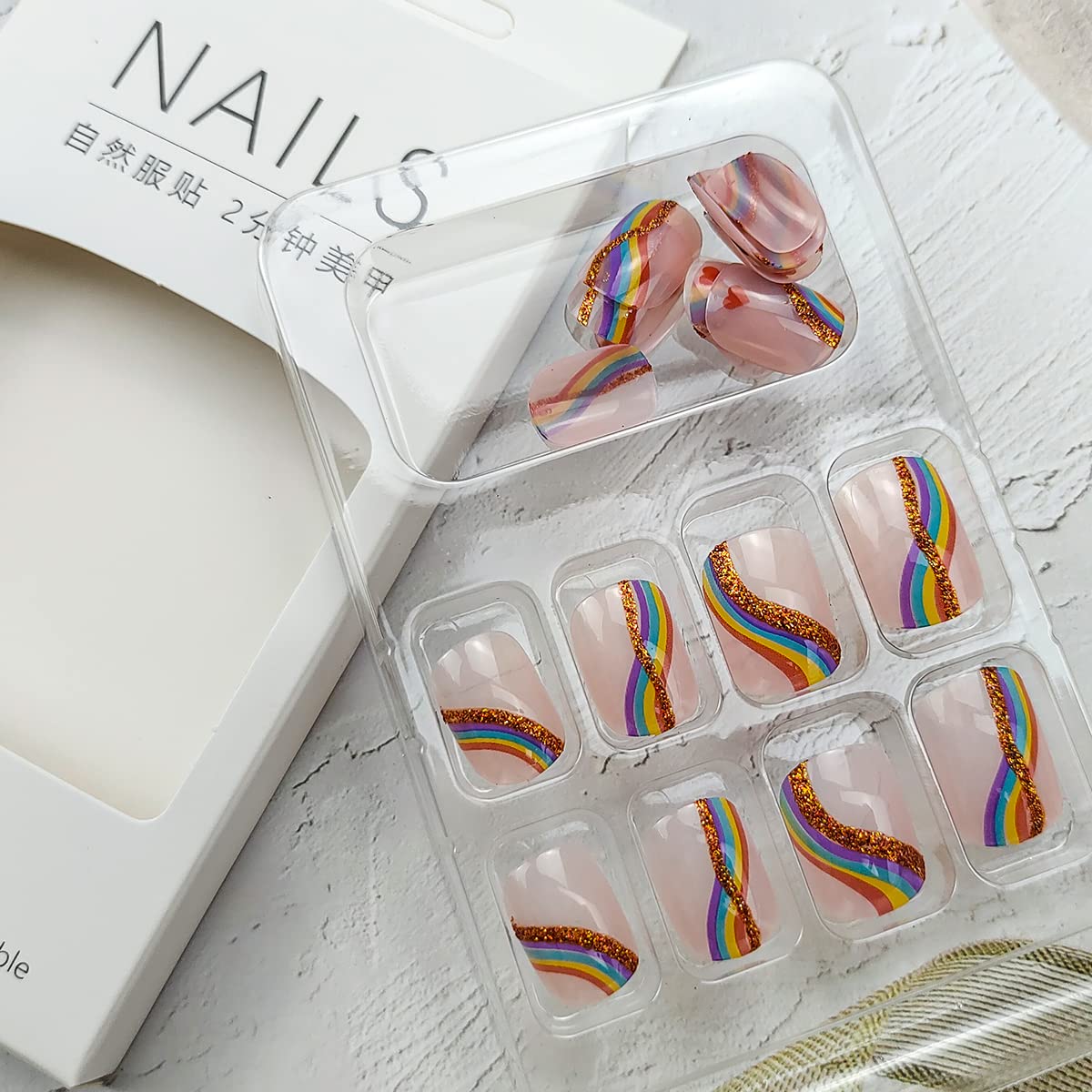 24Pcs Short Press on Nails - Rainbow Glitter Acrylic French Fake Nails with Colorful Stripes & Heart Designs - Square Artificial Nails for Pride, Parties & Everyday Wear