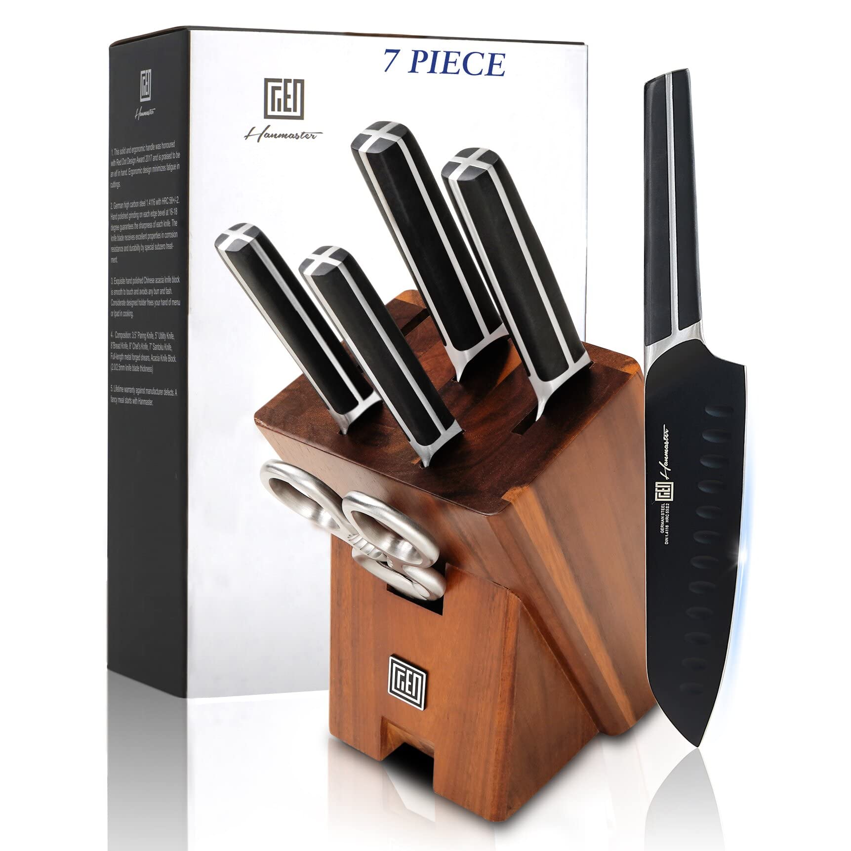 7-Piece German Stainless Steel Kitchen Knife Set with Acacia Wood Block & Scissors - Professional Chef Knives for Cooking, Slicing, Dicing - Perfect for Home Kitchens, Wedding Gifts & Culinary Enthusiasts