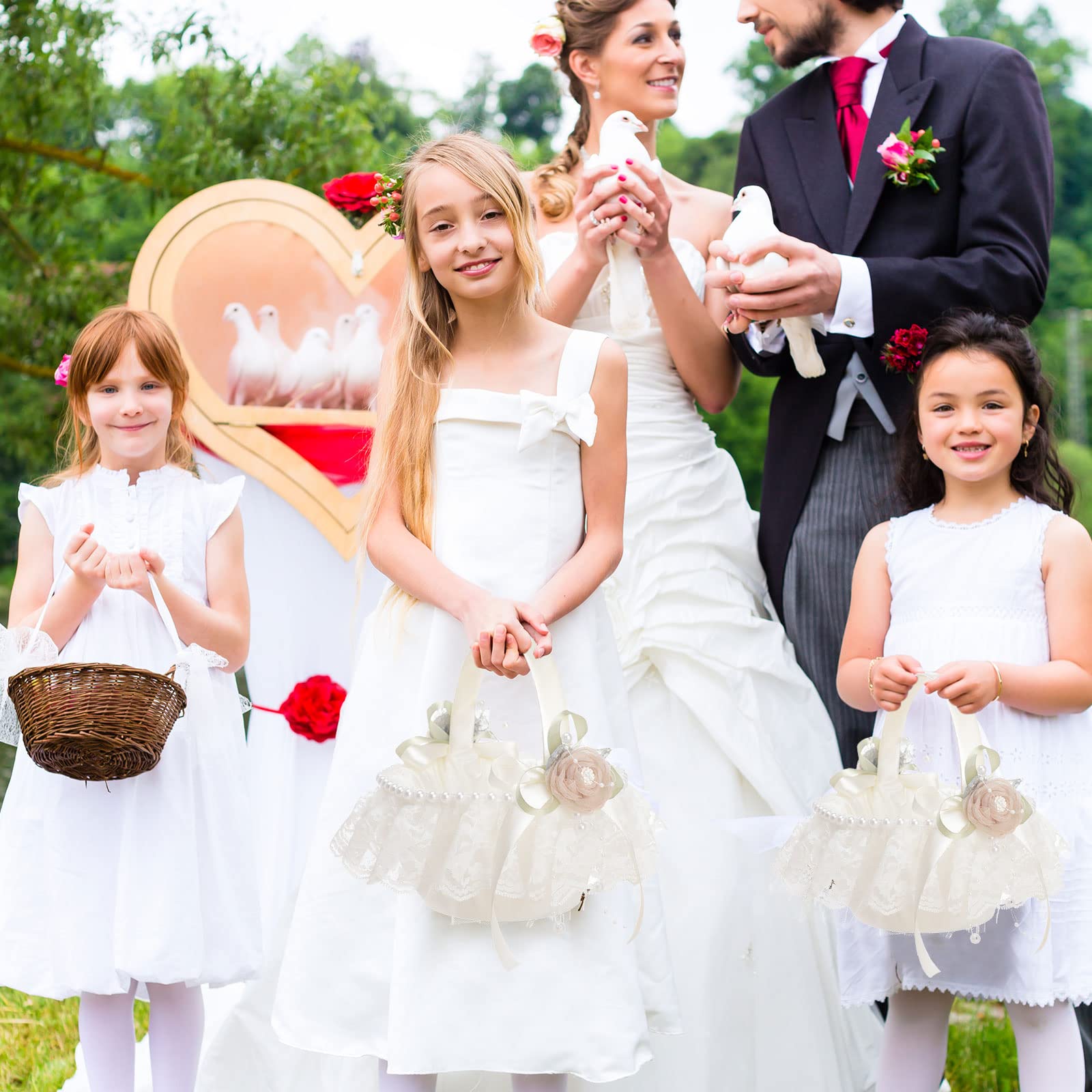 Elegant White Lace Flower Girl Basket with Silk Roses & Pearls - 2 Pack Wedding Ceremony Decor for Bridal Party, Flower Girls, Baby Showers & Special Events