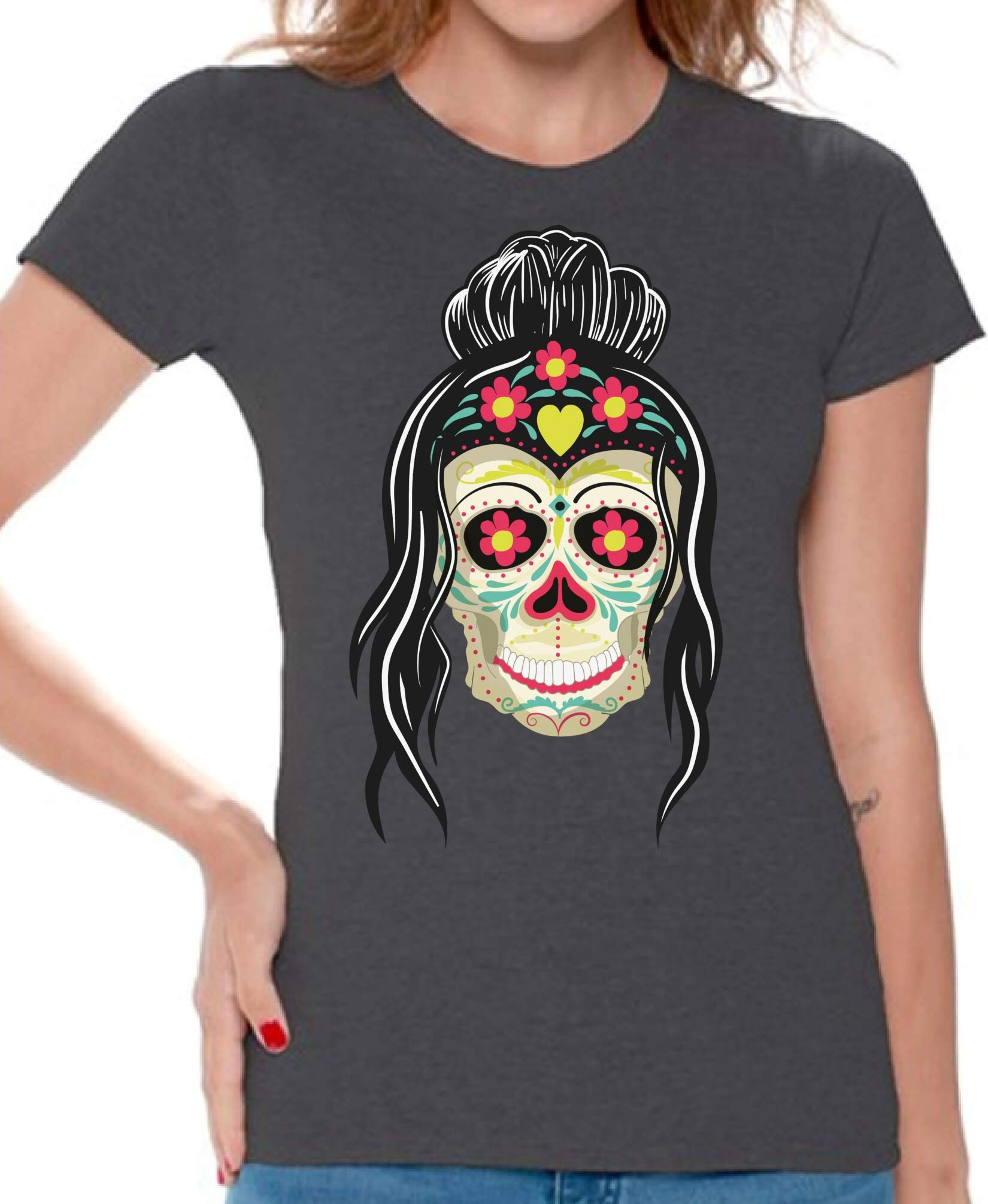 Skull Print T-Shirt for Women | Mexican Girl Graphic Tee | Gothic Fashion | Casual Wear & Street Style Outfit