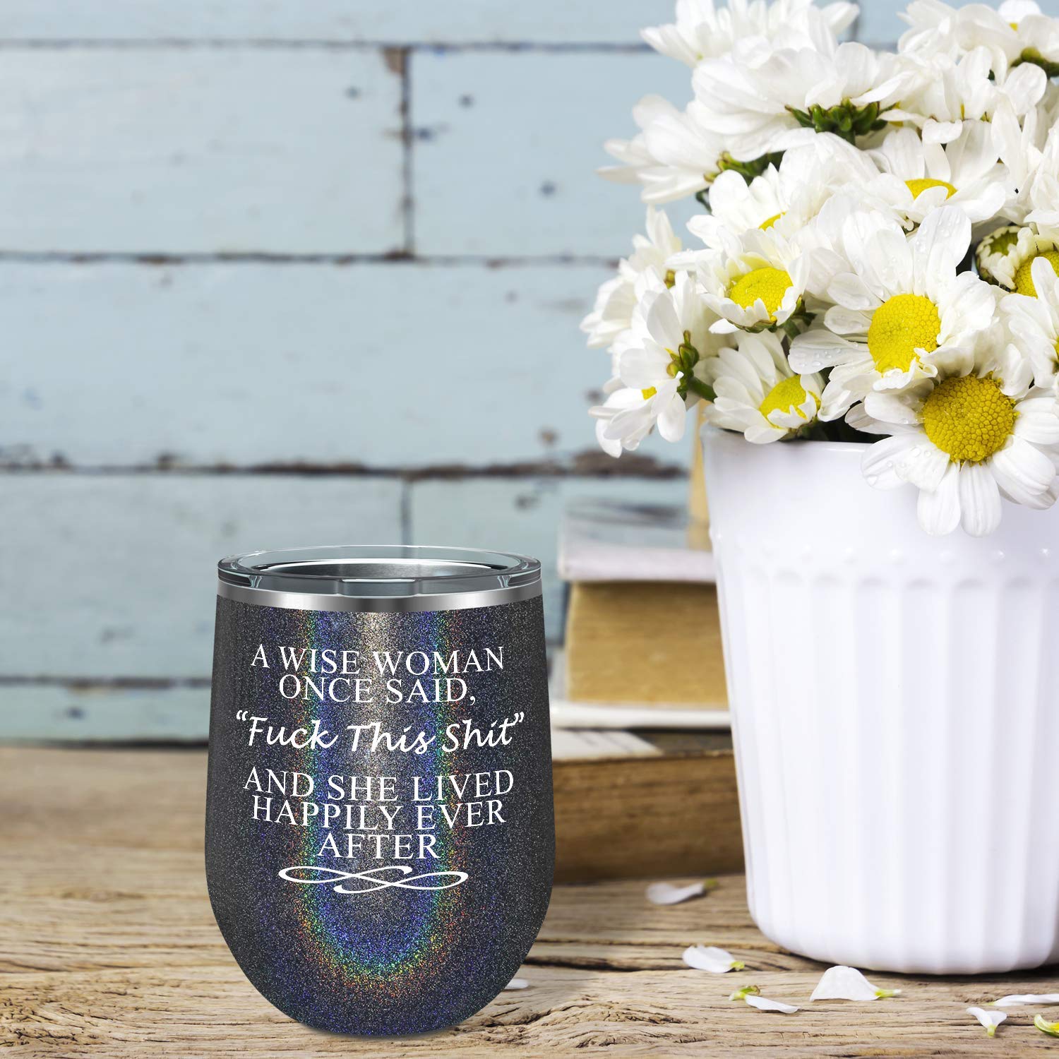Funny Wine Tumbler for Women - 12oz Black Glitter Cup with Inspirational Quote 'A Wise Woman Once Said' - Perfect Birthday Gift for Mom, Wife, Best Friend, Girlfriend & Coworker - Great for Parties, Office Use & Daily Coffee/Drinks