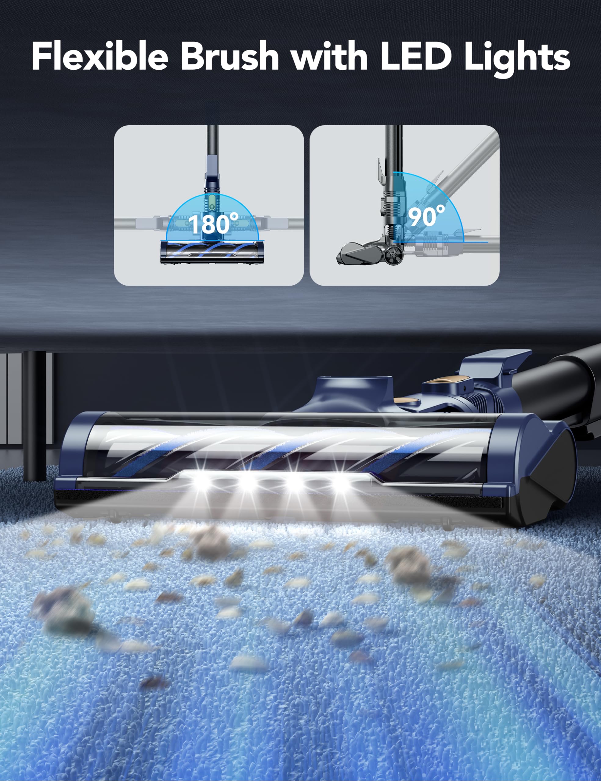 Powerful 23Kpa Cordless Stick Vacuum Cleaner with 1.3L Large Dustbin - 2 Cleaning Modes, 30 Min Runtime for Pet Hair, Hardwood Floors & Carpets | Rechargeable Lightweight Vacuum for Quick Home Cleaning (Blue)