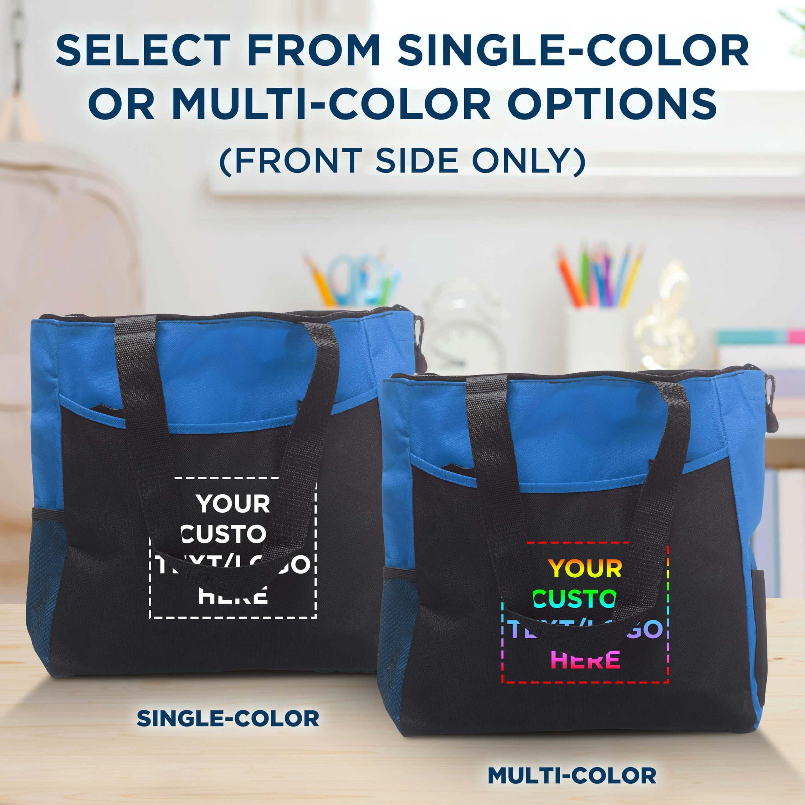 Custom Personalized Beach Tote Bags with Mesh Pockets - Set of 6 Reusable Bulk Pack - Perfect for Picnic, Camping, Beach & Outdoor Activities - Blue | Great for Summer Vacations, Pool Parties and Family Outings