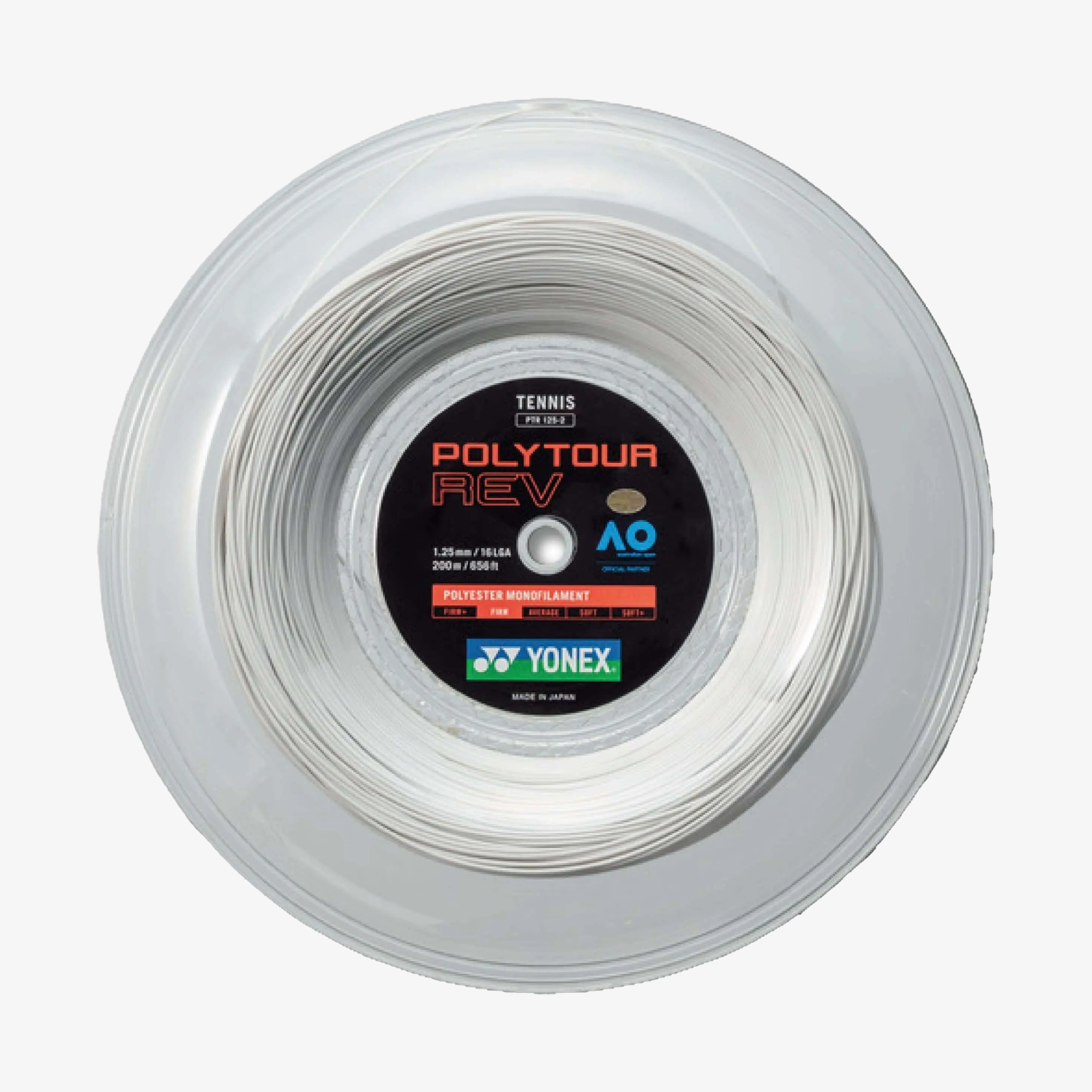 Yonex Polytour Rev 125 Tennis String Reel - 16L Gauge, 200m White - Premium Tennis String for Pro Players & Enthusiasts - Perfect for Tournament Play & Stringing Services