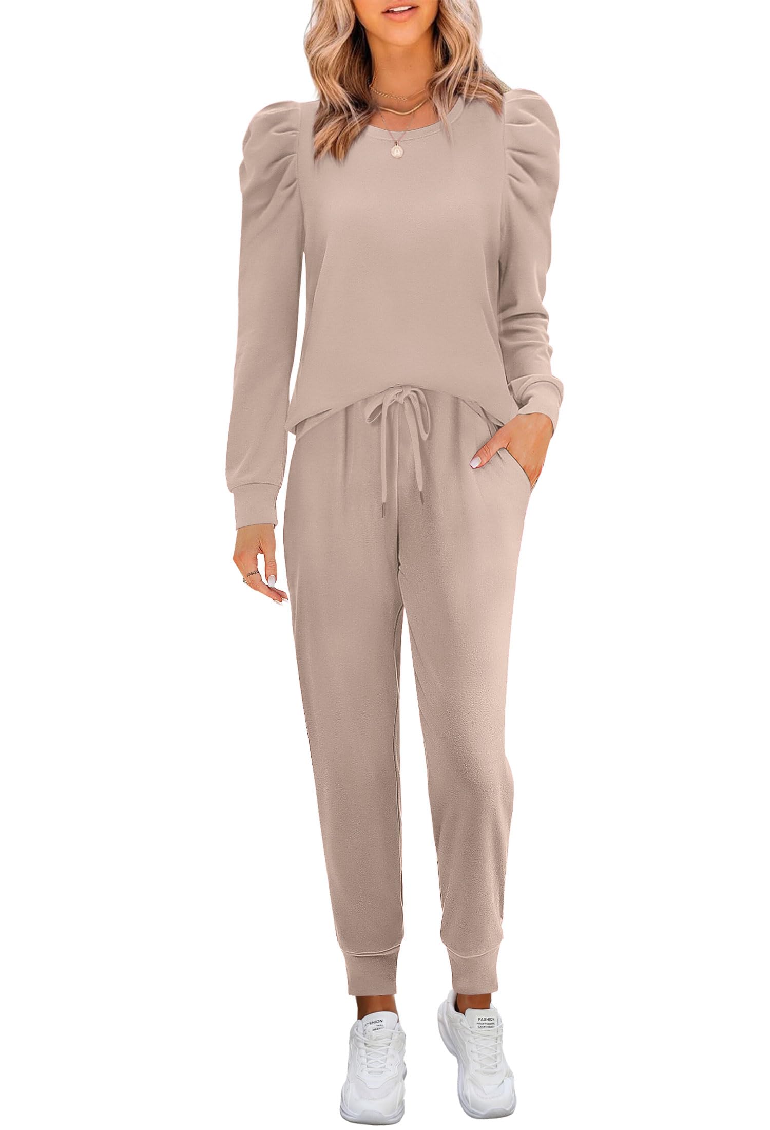 Onedreamer Women's 2-Piece Sweatsuit Set - Puff Long Sleeve Crewneck Pullover Sweatshirt & Jogger Pants Lounge Outfit | Casual Wear, Yoga, Gym, Running, Travel & Home Relaxation