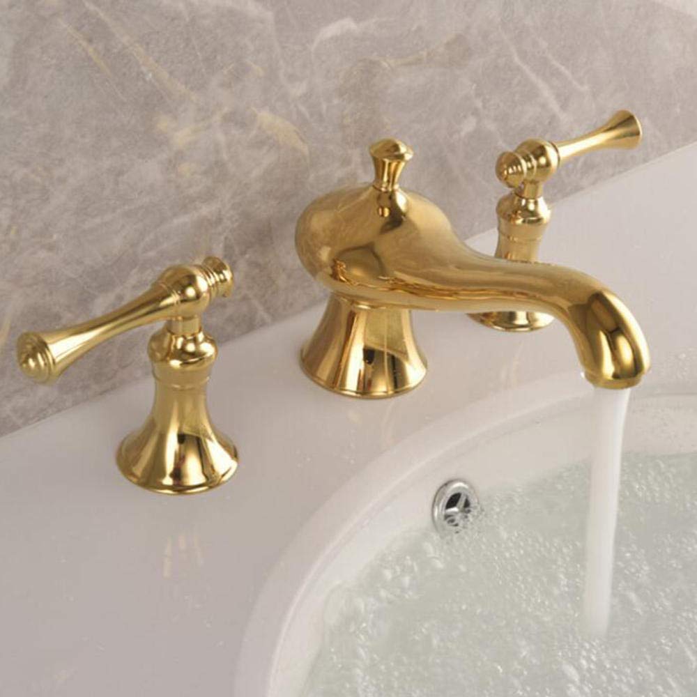3 Hole Basin Mixer Tap - Golden Brass Hot & Cold Water Faucet with 2 Handles, Double Switches, Splash Prevention & Leak-Proof Design - Perfect for Bathroom Sink, Vanity, and Powder Room Installation