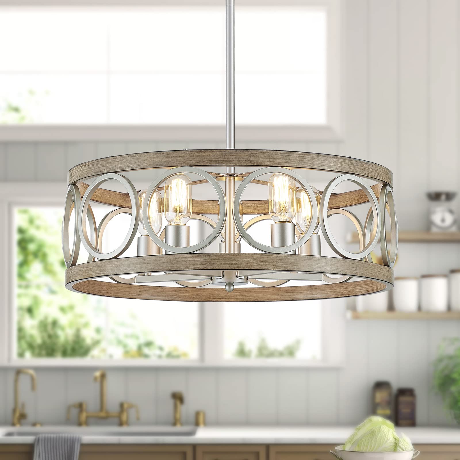 21.7'' Modern Farmhouse Chandelier - 5-Light Drum Ceiling Fixture with Antique Wood Grain & Brushed Nickel Finish - Perfect for Living Room, Dining Room, Kitchen Island or Bedroom Lighting
