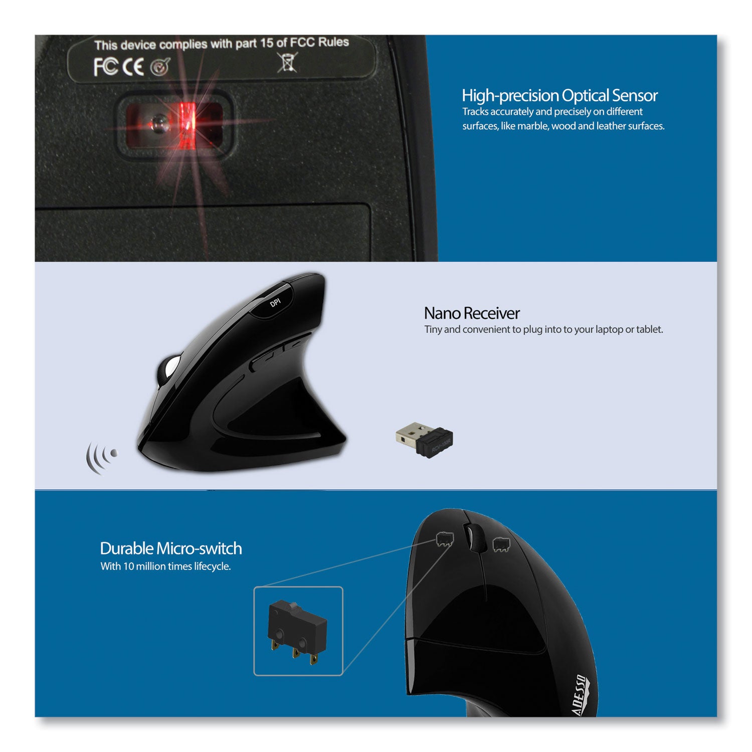 Adesso Imouse E10 Wireless Vertical Ergonomic USB Mouse - 2.4GHz Frequency with 33ft Range, Right-Handed Design, Black - Perfect for Office Work, Graphic Design & Long Computer Sessions