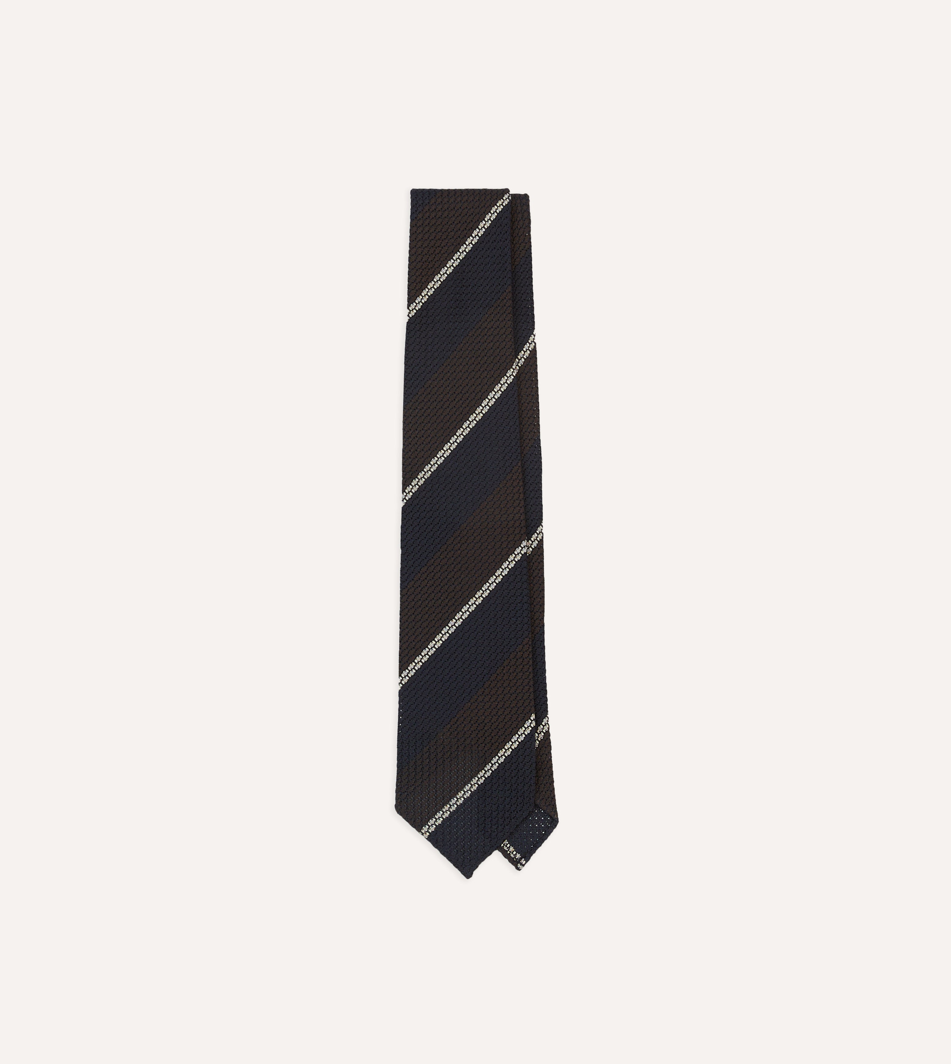 Premium Navy, Brown & White Multi-Stripe Hand Rolled Silk Grenadine Tie for Men | Classic Business & Formal Wear | Perfect for Weddings, Office & Special Occasions