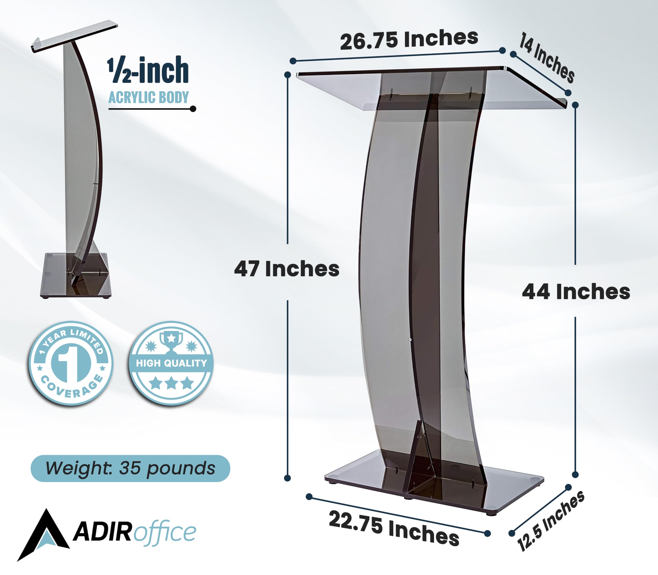 AdirOffice Black Acrylic Podium Stand - Premium Church Pulpit, Wedding Lectern & Presentation Podium for Events, Speeches & Ceremonies