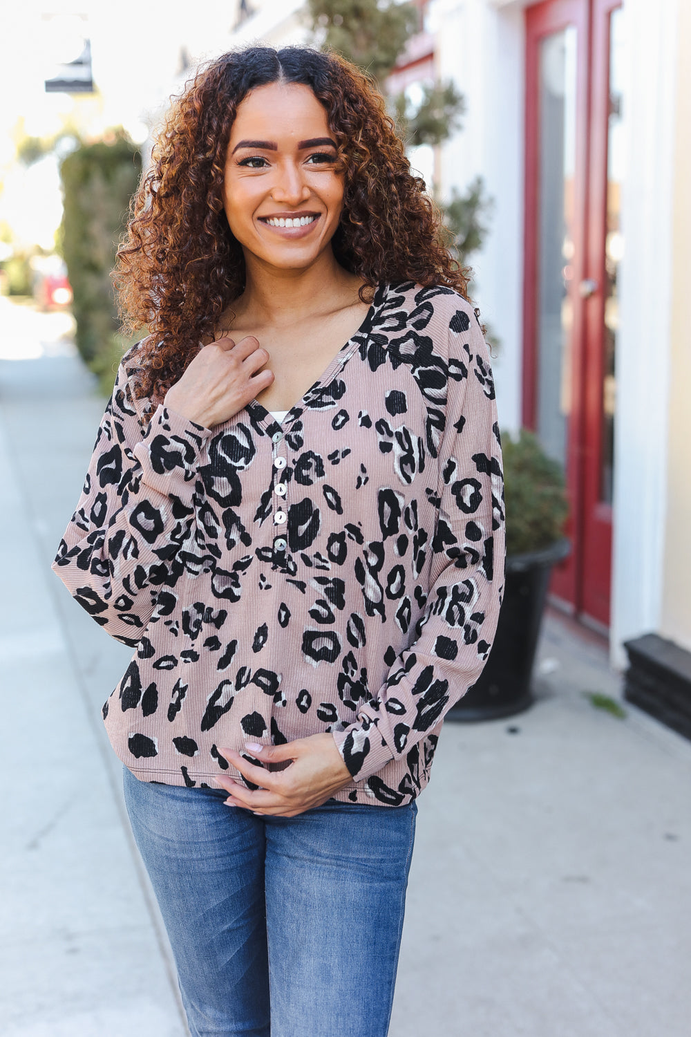 Be Bold Beige Rib Animal Print Button Front Dolman Pullover Sweater - Trendy Casual Wear for Women, Perfect for Office, Date Night & Fall Outfits