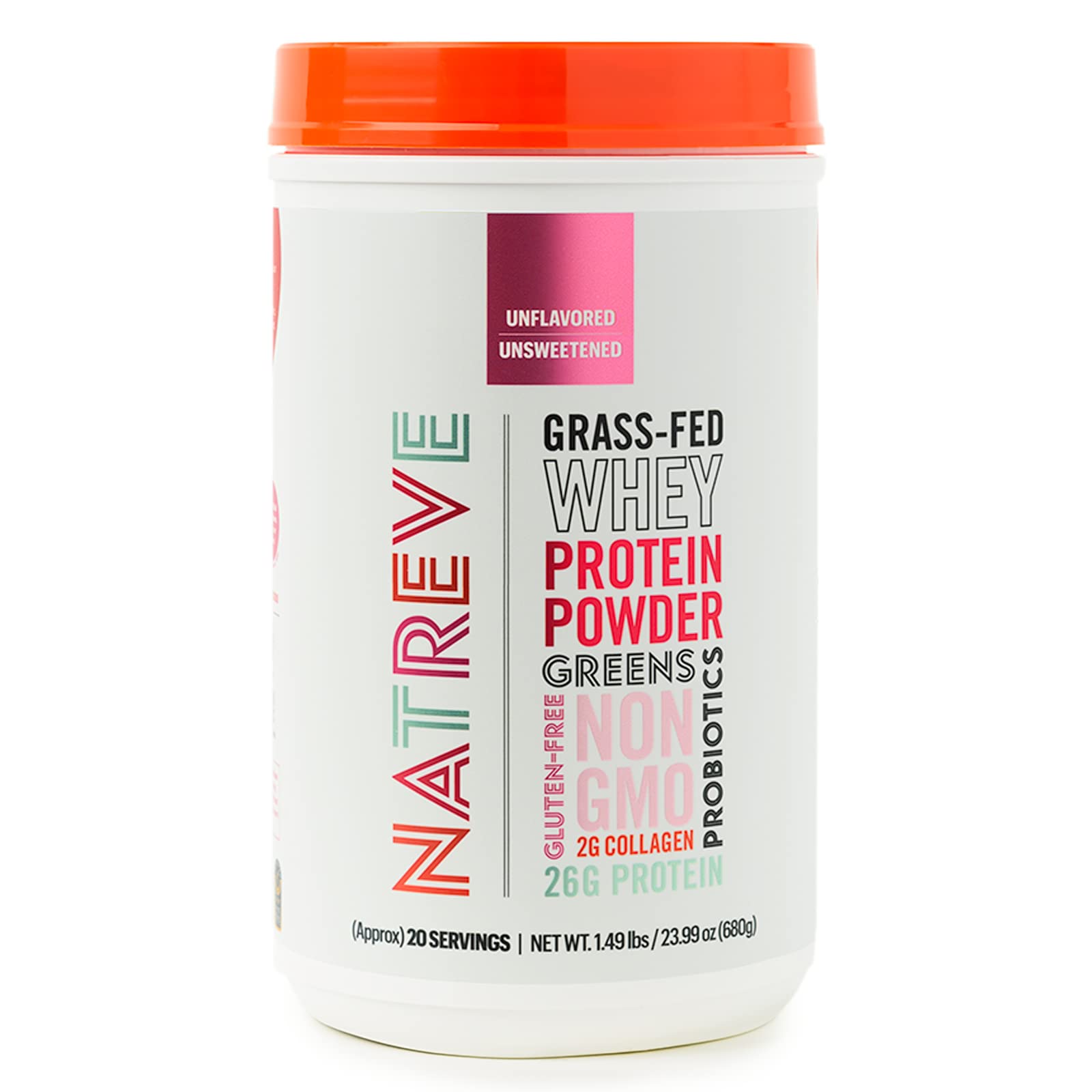 Natreve Grass-Fed Whey Protein Powder - 26g Protein per Serving with Amino Acids, Probiotics & Collagen - Unflavored, Gluten Free, 20 Servings - Ideal for Post-Workout Recovery & Muscle Building