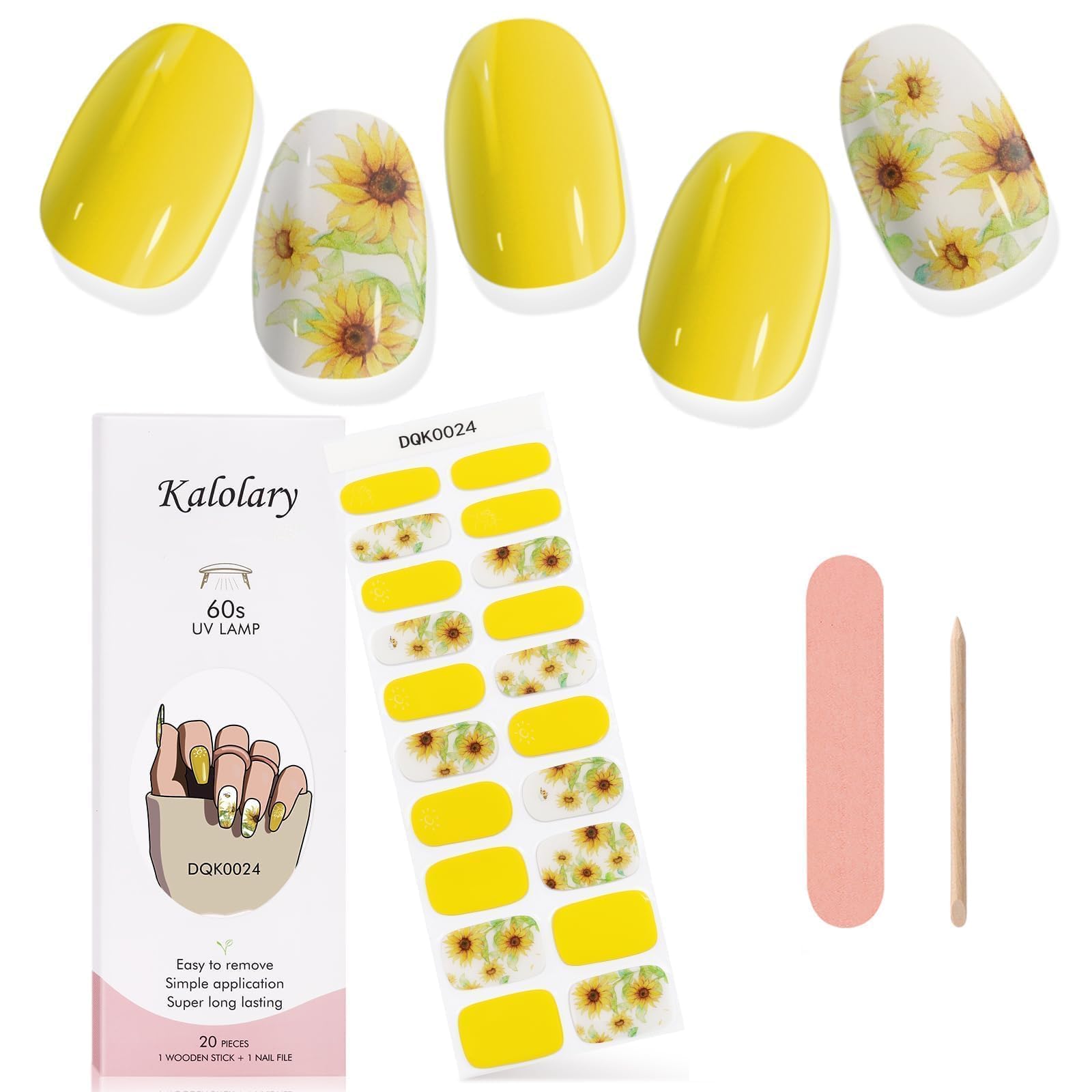 Kalolary Sunflower Gel Nail Polish Strips - Daisy Nail Art Stickers Kit for Summer Manicure | Includes Cuticle Pusher & Nail File | Perfect for Vacation, Beach Trips & Summer Parties