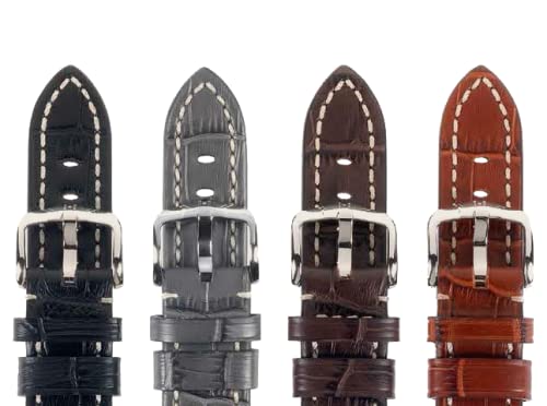 Hirsch Knight Genuine Calfskin Watch Strap - Alligator Embossed Leather with Contrast Stitching - Brown, Golden Brown, Black, Grey - Perfect for Dress Watches & Formal Occasions