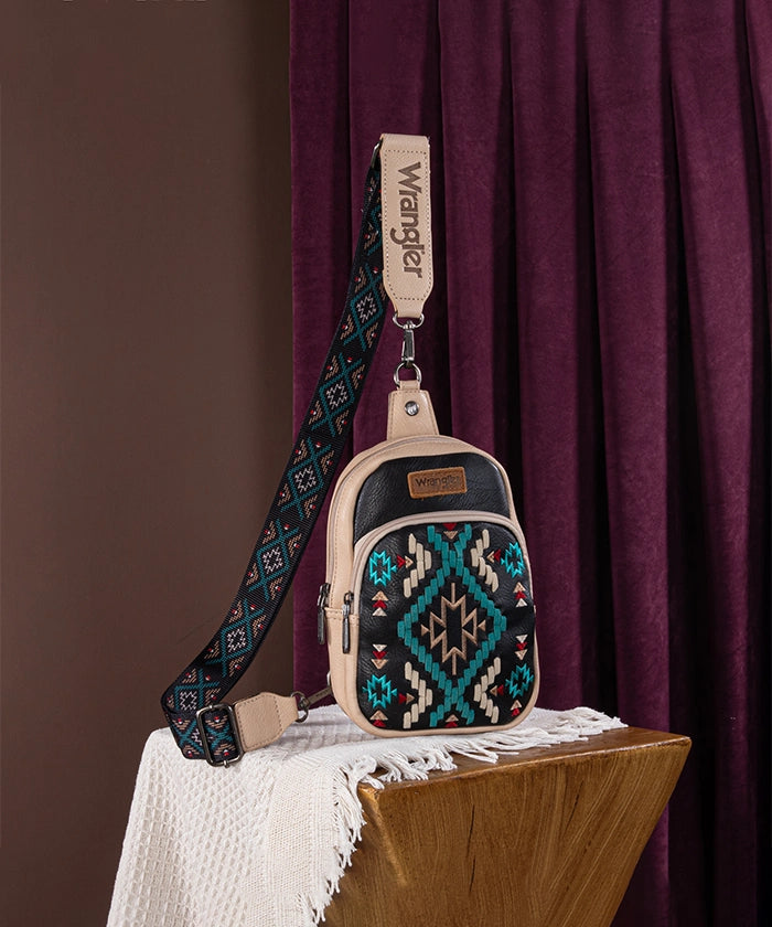 Wrangler Aztec Embroidered Whipstitch Sling Bag - Stylish Crossbody Purse for Women, Men | Perfect for Travel, Hiking & Everyday Use