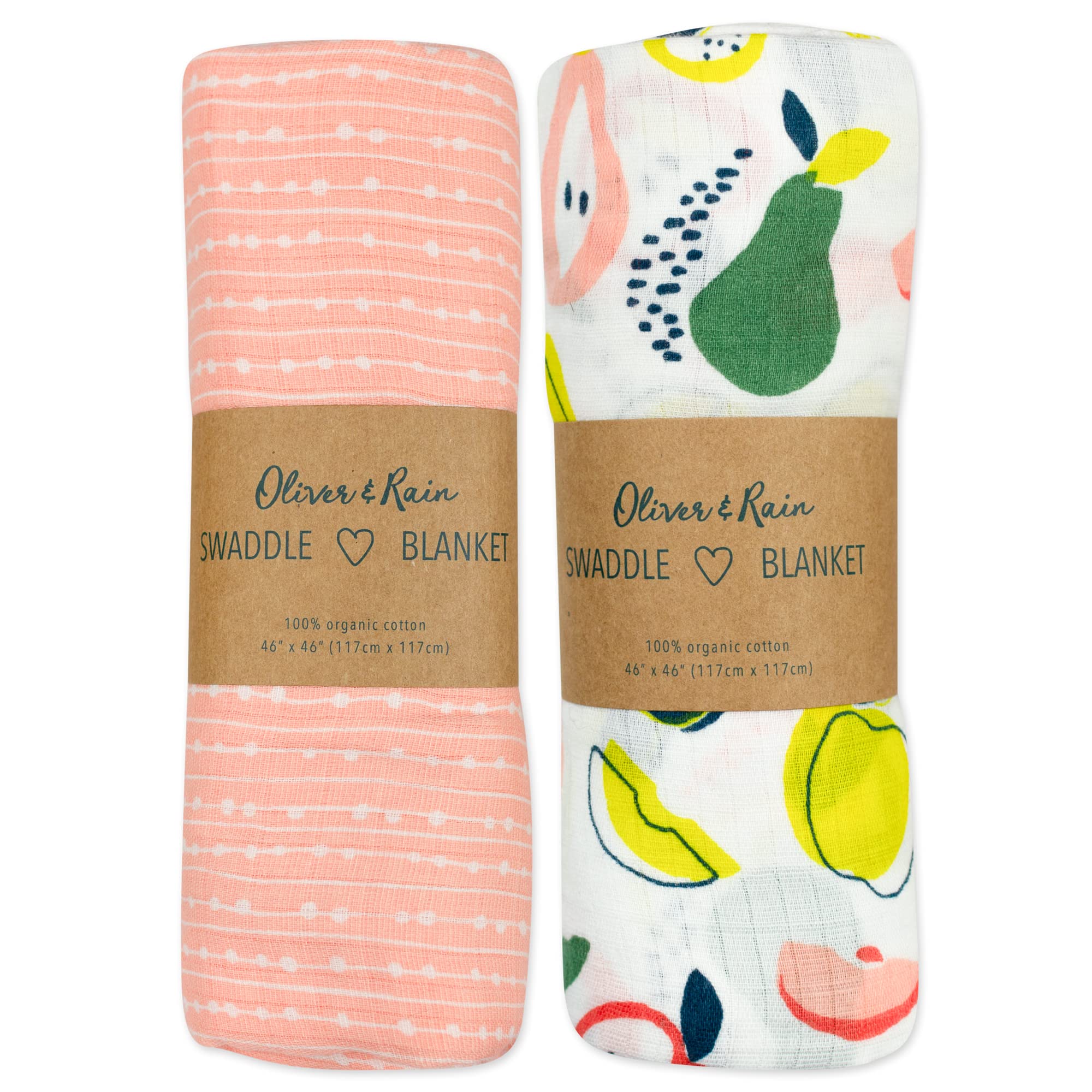 Oliver & Rain Organic Muslin Baby Swaddle Blankets 2 Pack - Soft Receiving Blankets for Newborn Girls, Breathable Fruit & Pink Geometric Print - Perfect for Swaddling, Nursing, Stroller & Photo Shoots