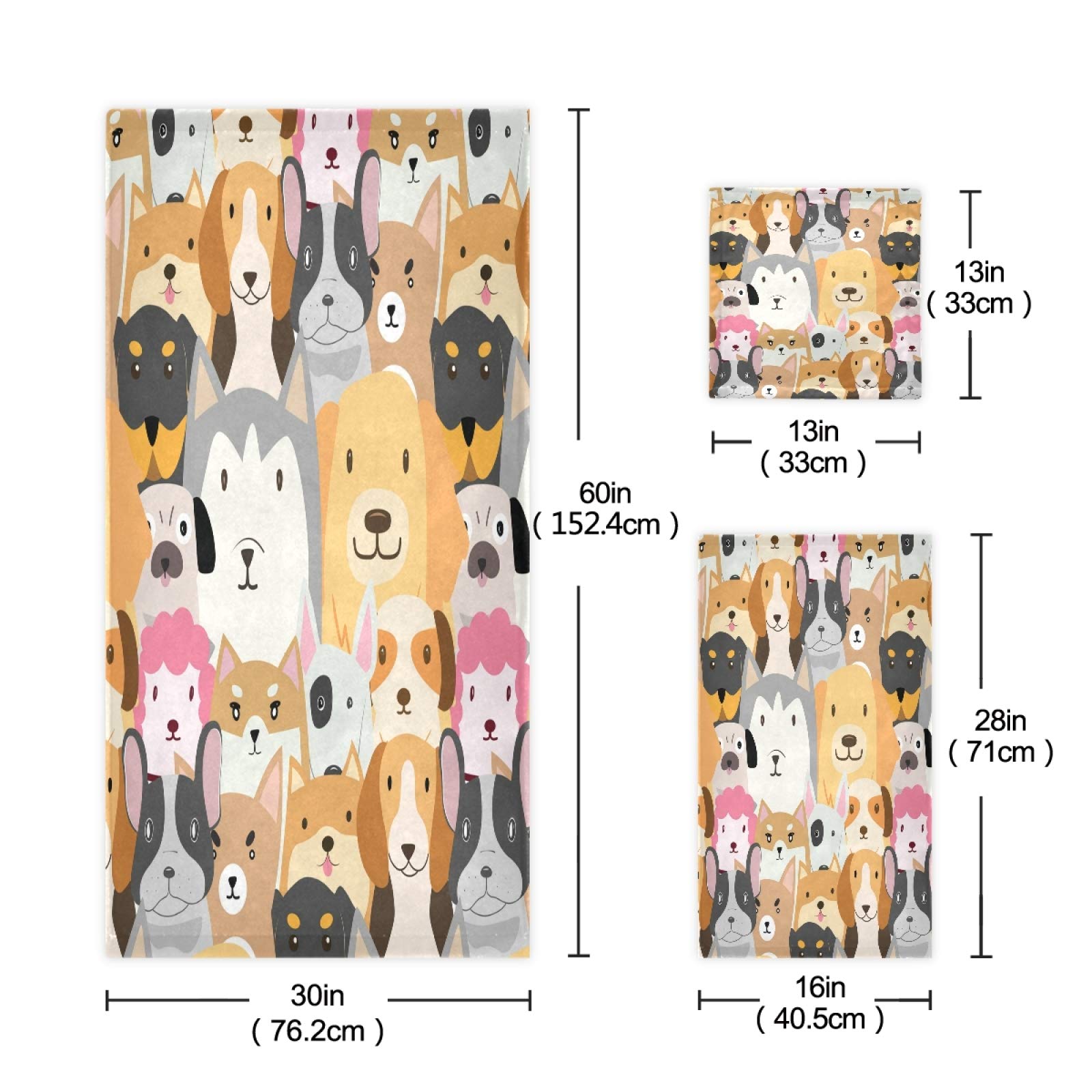 Blueangle Funny Cartoon Dog 3-Piece Bath Towel Set - Super Soft & Absorbent Cotton Bath, Hand & Washcloths - Fade Resistant for Kids & Pets - Perfect for Bath Time, Beach & Spa Days