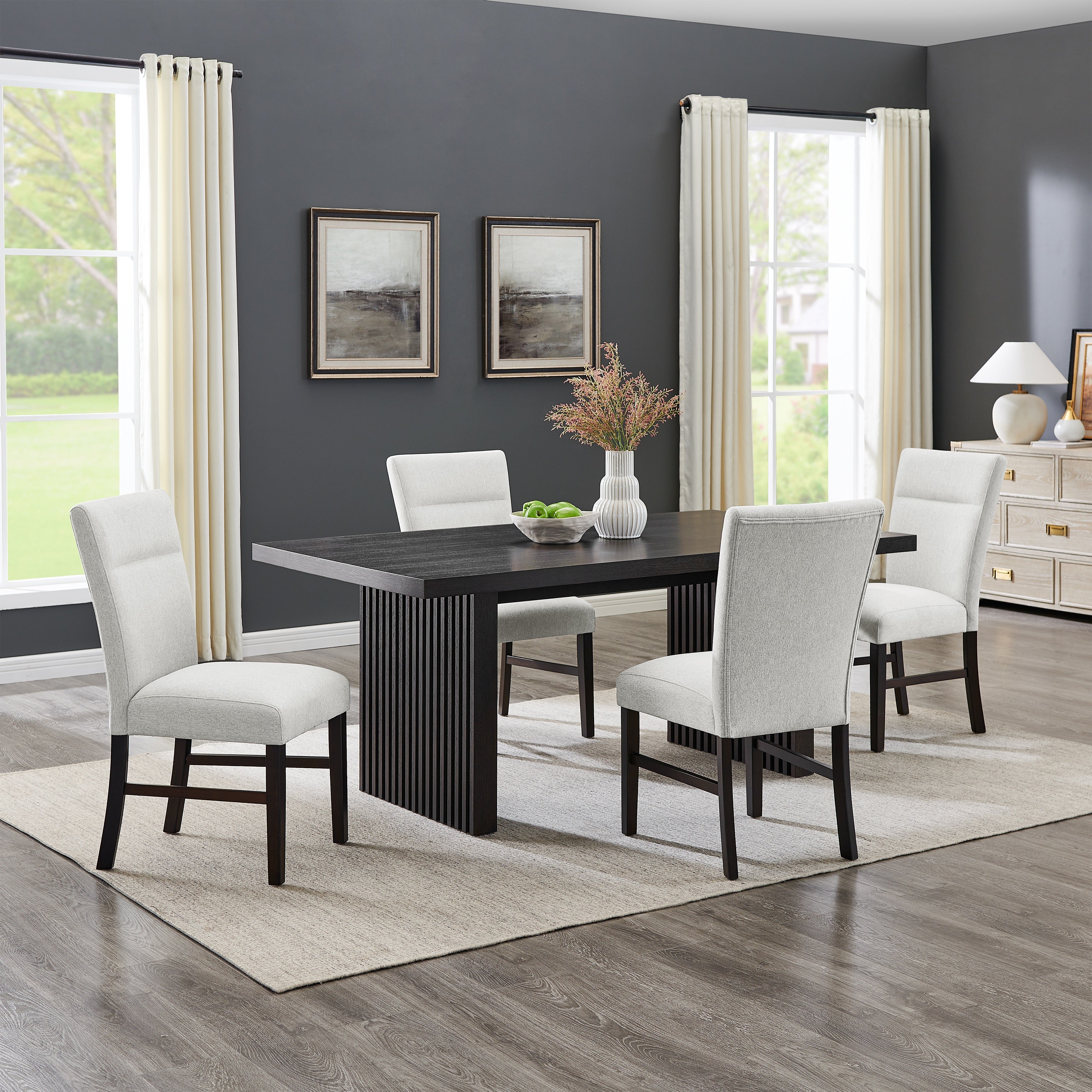 Roundhill Furniture Madison 5-Piece Dining Set - Gray Slat Fluted Dining Table with 4 Modern Upholstered Chairs for Kitchen, Dining Room & Small Space