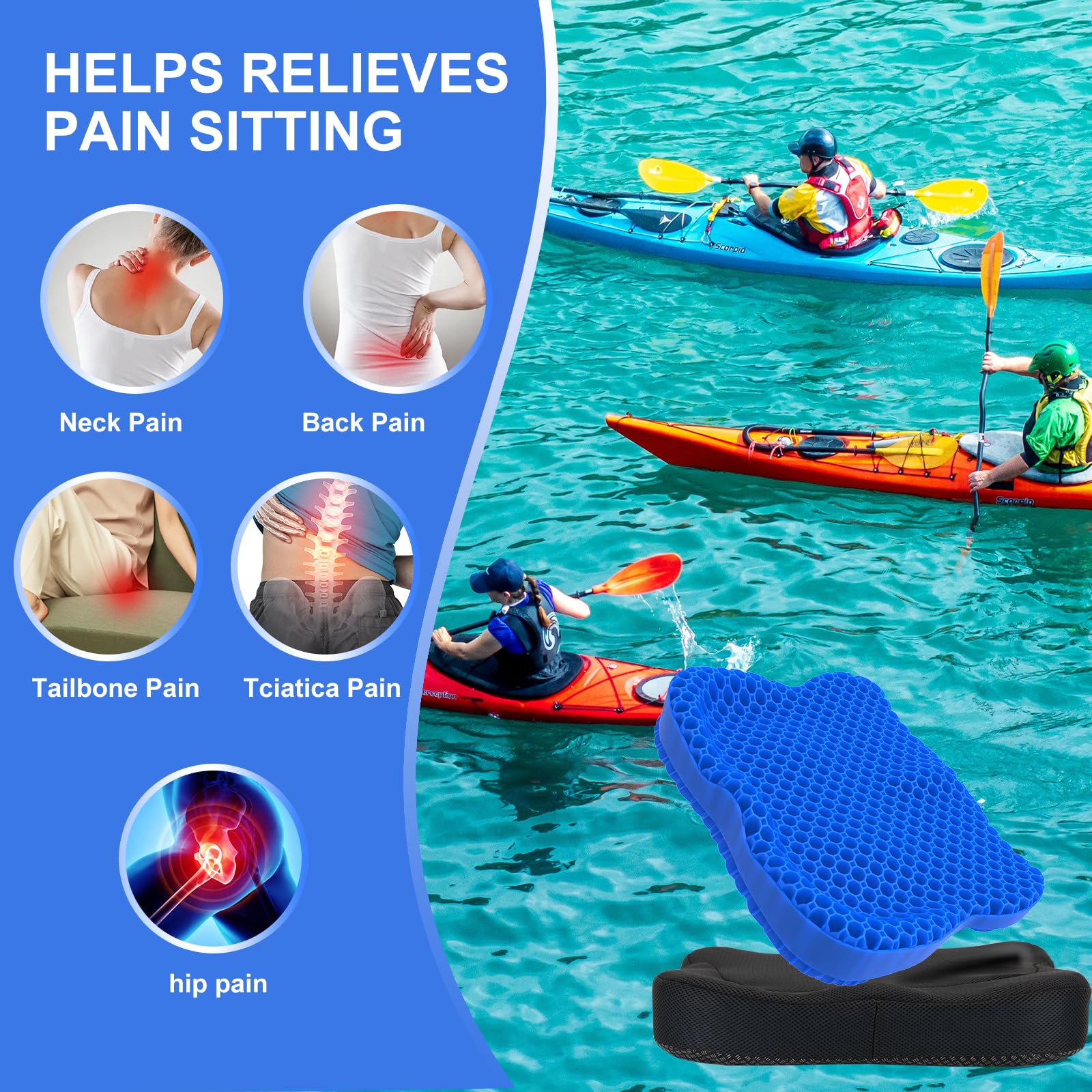 Gel Seat Cushion for Office Chair & Wheelchair - Thickened Orthopedic Support for Back Pain, Sciatica & Tailbone Relief - Comfortable Car, Kayak & Travel Seat Pad for Long Sitting - Perfect for Work, Driving & Outdoor Activities