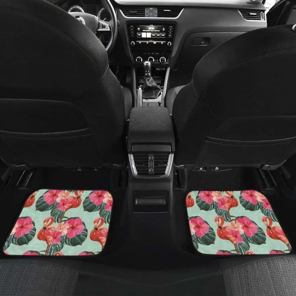 Premium Flamingo Tropical Palm Leaves Hibiscus Pattern Car Mats - Front & Back Set for 2010-2010 Models | Waterproof & Non-Slip Floor Mats for Beach Trips & Summer Road Travel