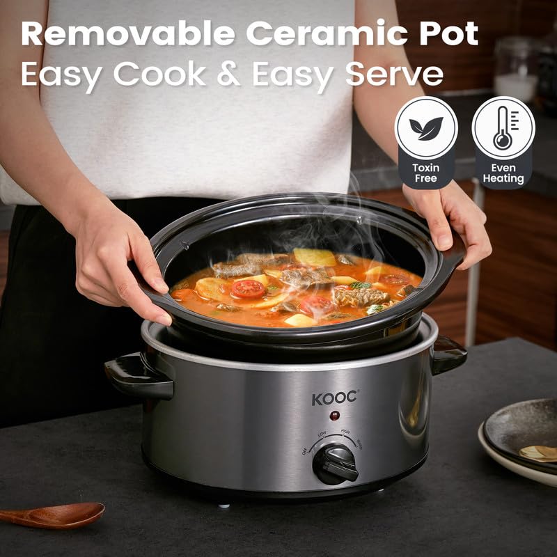 KOOC 4 Quart Slow Cooker with Free Liners - 3 Temperature Settings, Dishwasher Safe Stainless Steel Crock Pot (Grey, Ellipse Shape) - Perfect for Family Dinners, Meal Prep & Party Cooking
