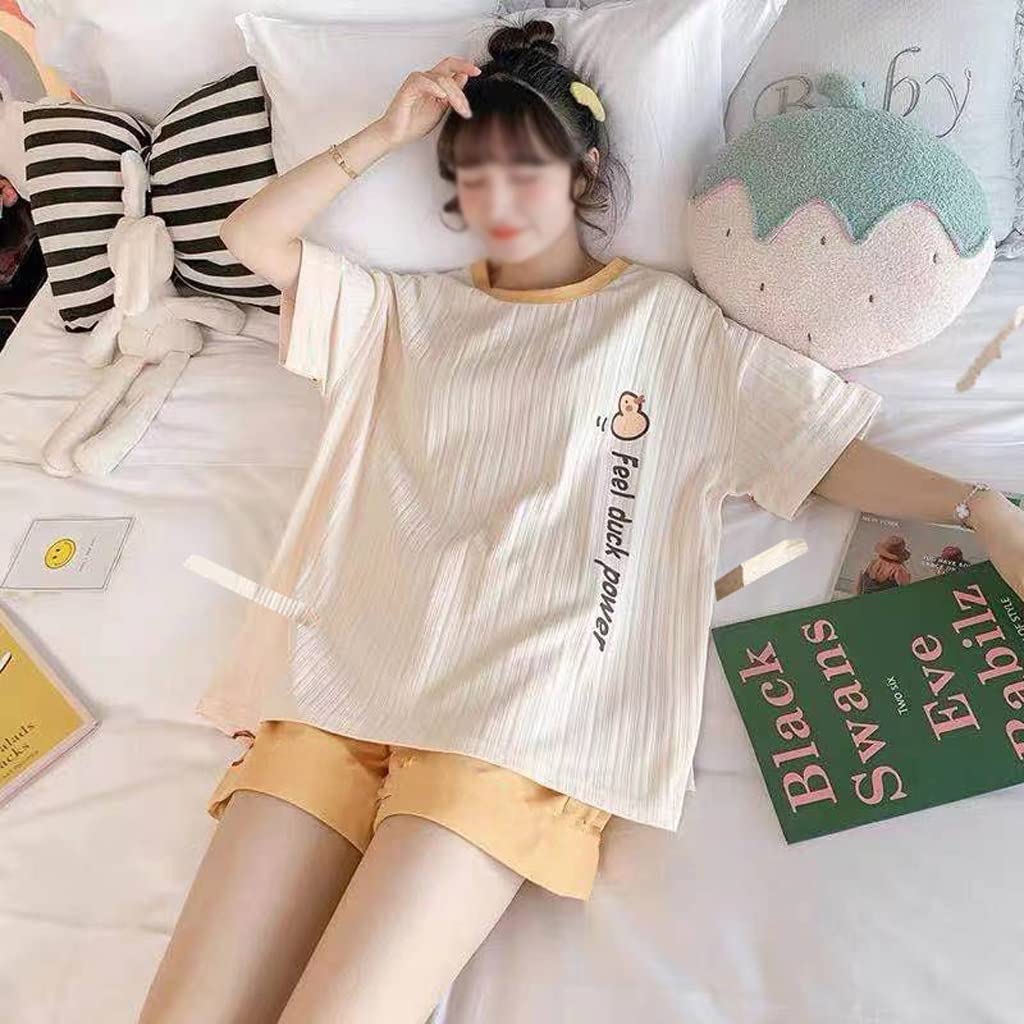 Women's Soft & Comfortable Summer Pajama Set - Loose Short Sleeve Sleepwear Top with Shorts for Relaxing at Home | Breathable Cotton Nightwear for Lounge, Sleep & Vacation (Color: C, Size: Medium)