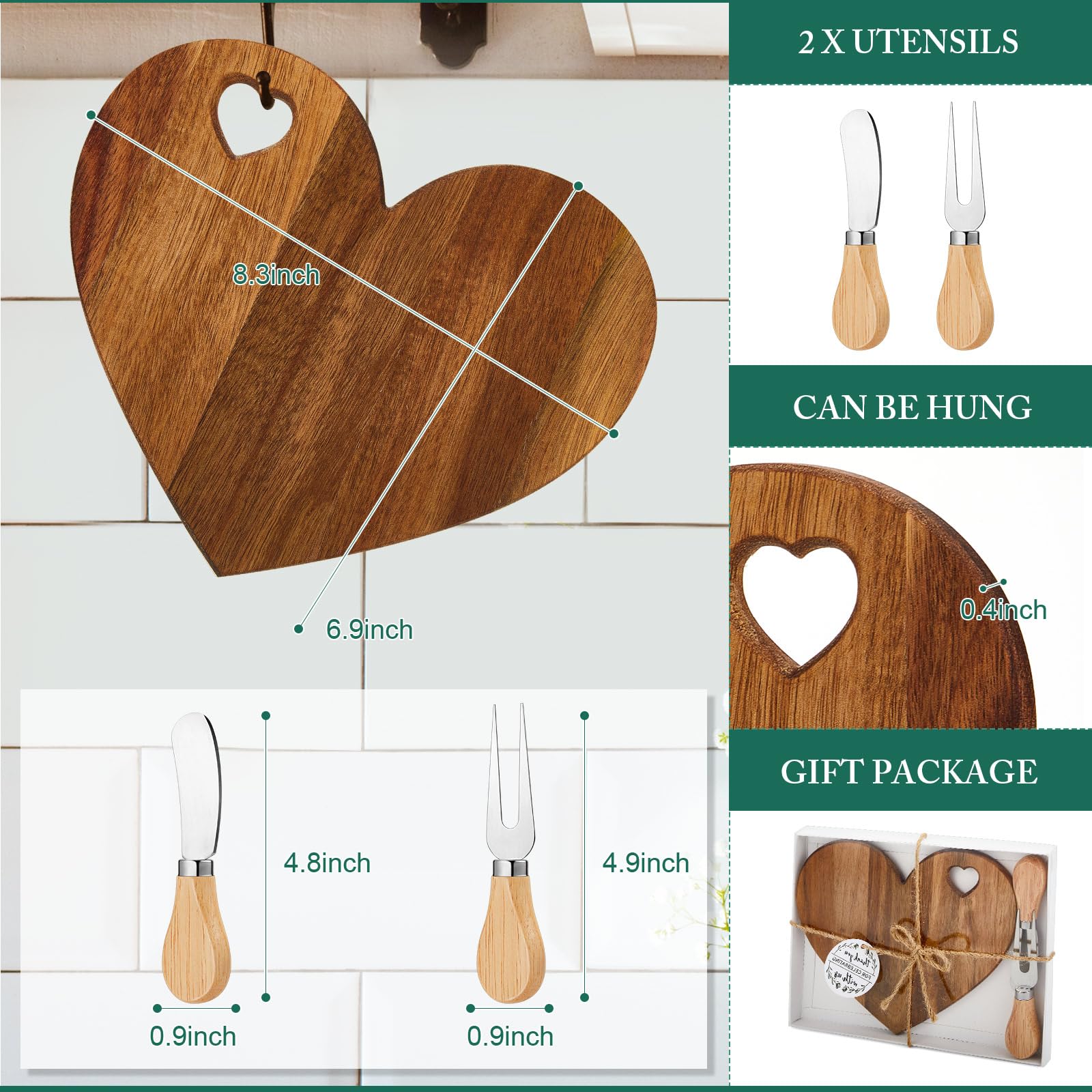 12-Piece Acacia Wood Heart Cheese Board Set with Knives - Mini Charcuterie Platter for Bridal Shower Favors, Wedding Guest Gifts, Baby Showers, Birthdays & Valentine's Day - Perfect for Cheese Tastings, Charcuterie Parties & Thank You Gifts