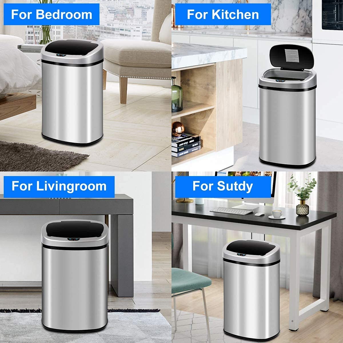 13 Gallon Automatic Stainless Steel Trash Can with Motion Sensor - Touch-Free Kitchen Garbage Bin with Lid for Home, Office, Living Room & Bedroom - Ideal for Hands-Free Waste Disposal & Hygienic Spaces