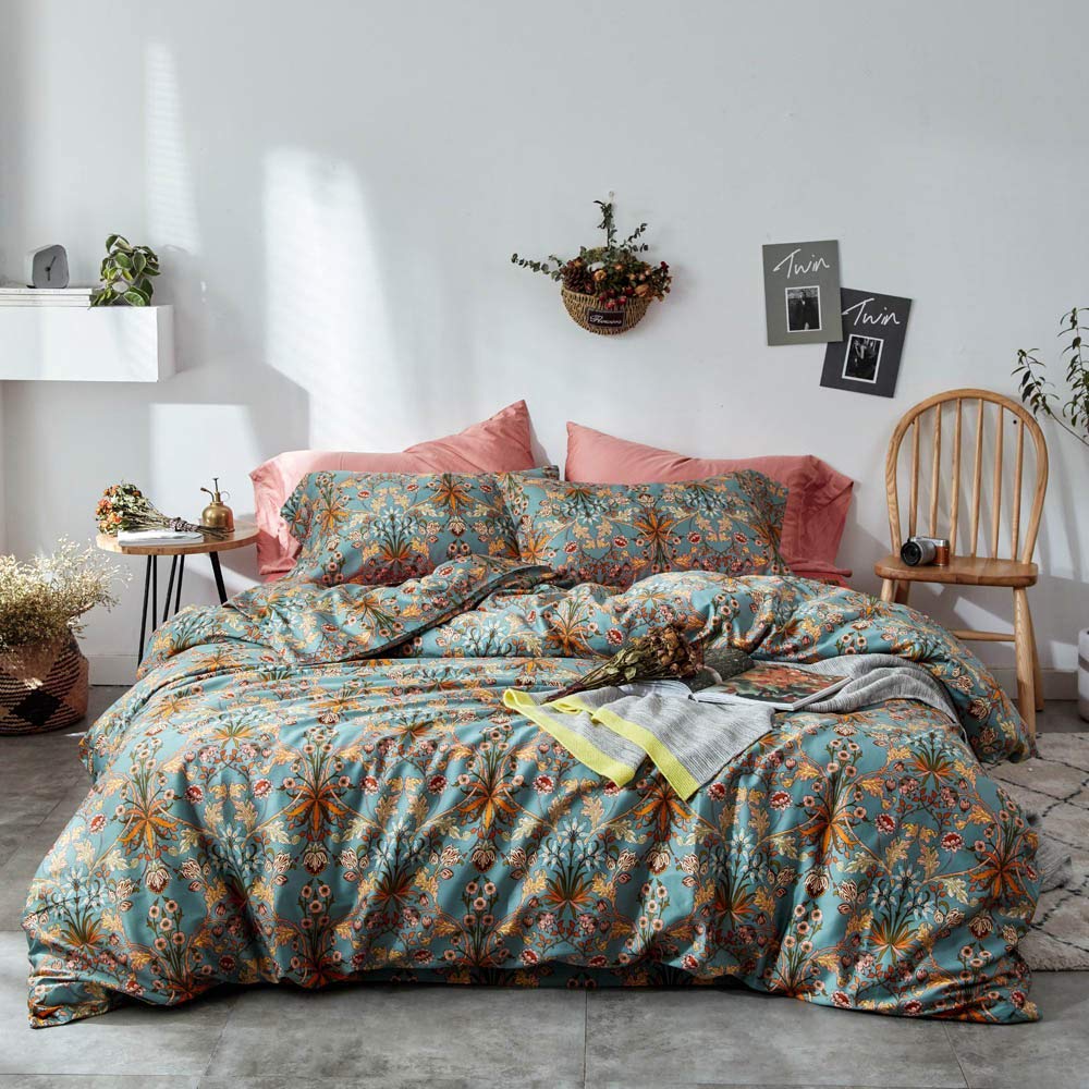 VM VOUGEMARKET Bohemian King Size Duvet Cover Set - 3 Piece 100% Long Staple Cotton Comforter Cover with Zipper Closure, Green & Gold Elegant Bedding Collection (Carol Pattern) for Master Bedroom, Guest Room or Bohemian Style Home Decor
