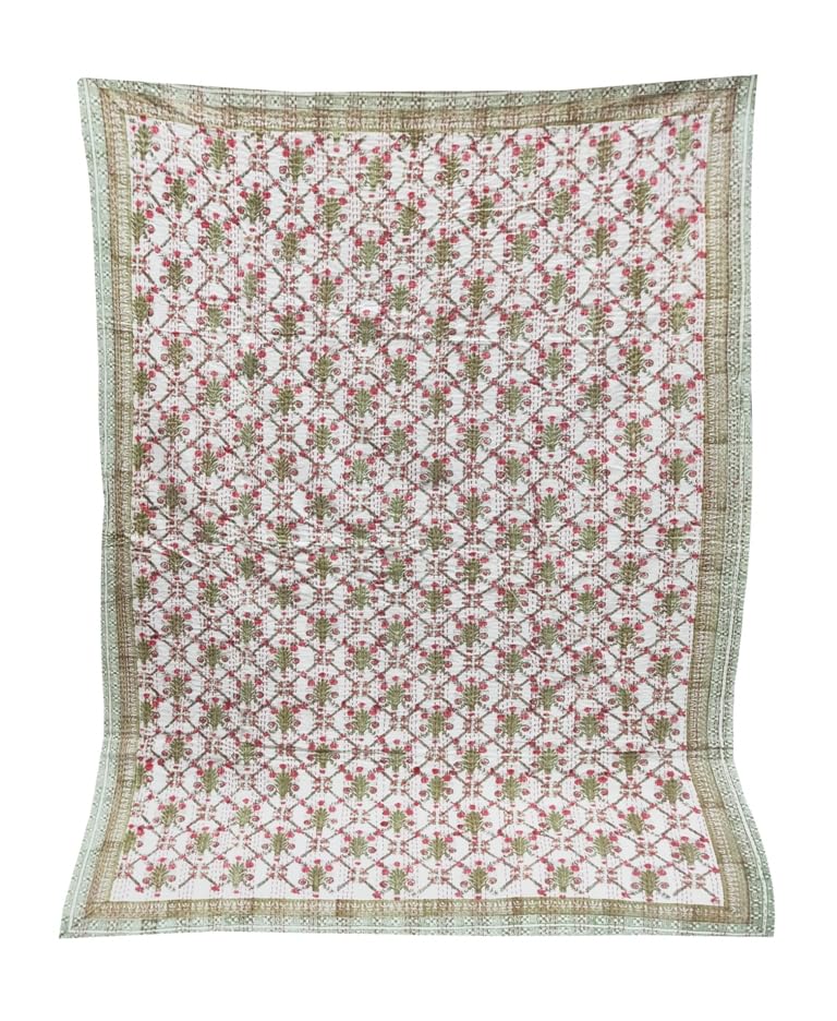 Handmade Indian Kantha Quilt - 100% Cotton Super Soft Queen Size Bedspread, Throw Blanket & Bed Cover (White, 90x60 Inches) - Perfect for Cozy Bedroom Decor, Guest Room Essentials & Boho Chic Home Styling