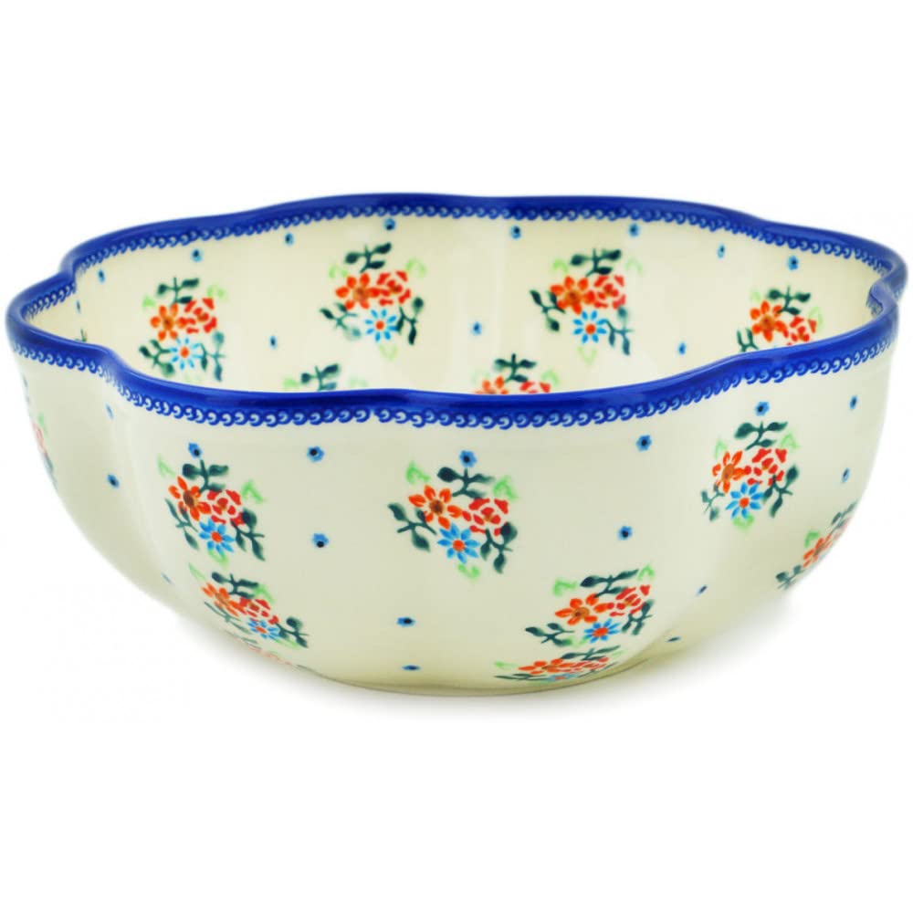 Authentic Polish Pottery 10.25-inch Scalloped Fluted Bowl - Handmade Burst of Spring Design with Certificate of Authenticity | Perfect for Serving, Home Decor & Gift Giving