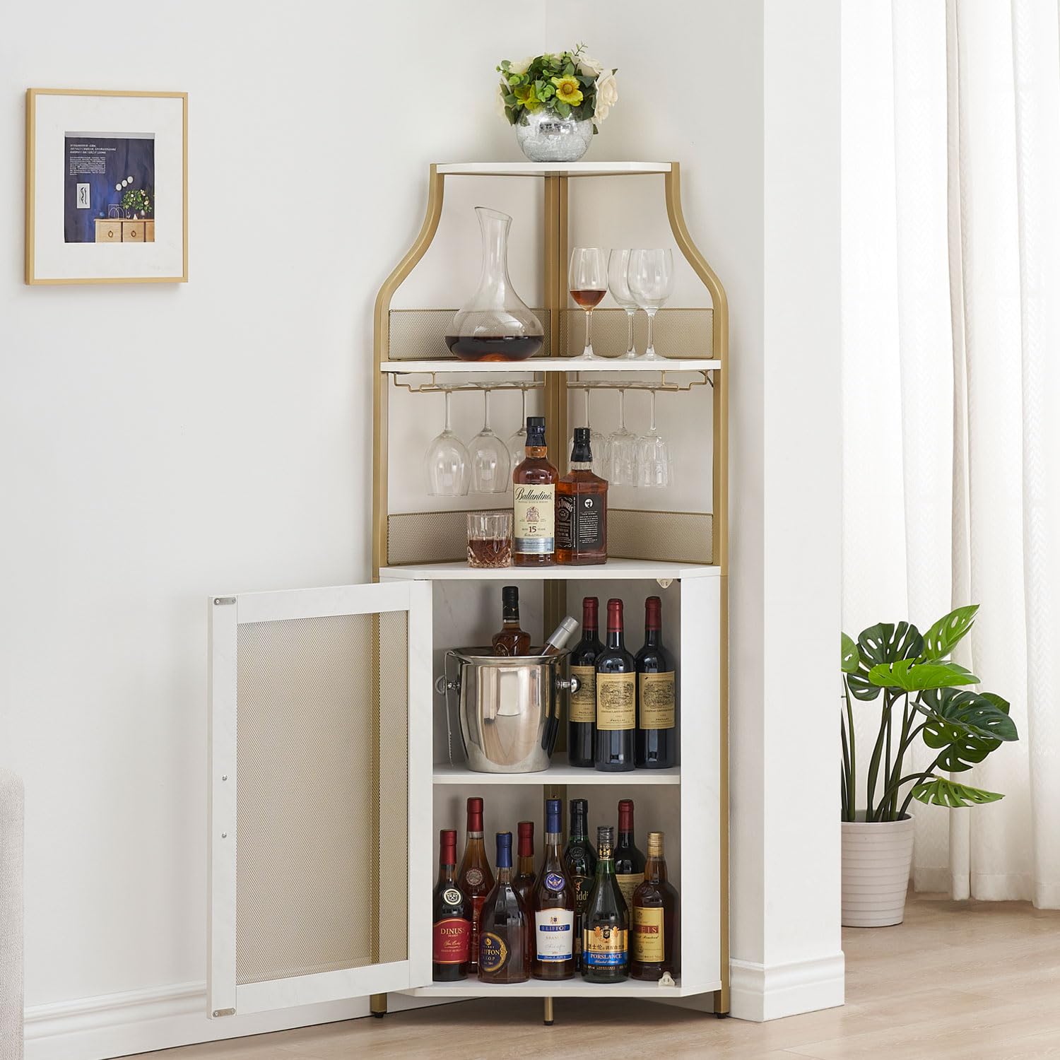 Premium Corner Wine Bar Cabinet - Large Storage Space, Removable Wine Rack & Glass Holder, 4-Tier Liquor Cabinet with Mesh Door - Gold Finish | Perfect for Home Bars, Kitchen Storage & Entertaining Guests