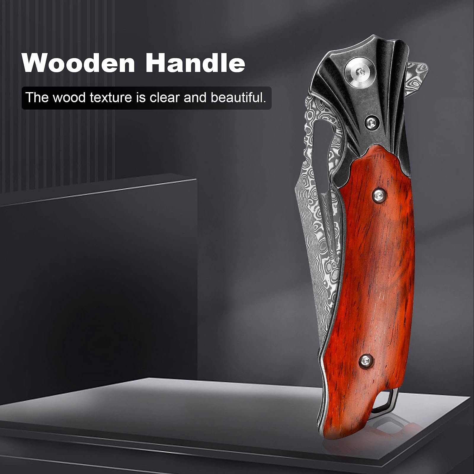 Premium Damascus Steel Folding Pocket Knife with Wood Handle & Sheath - 3.15