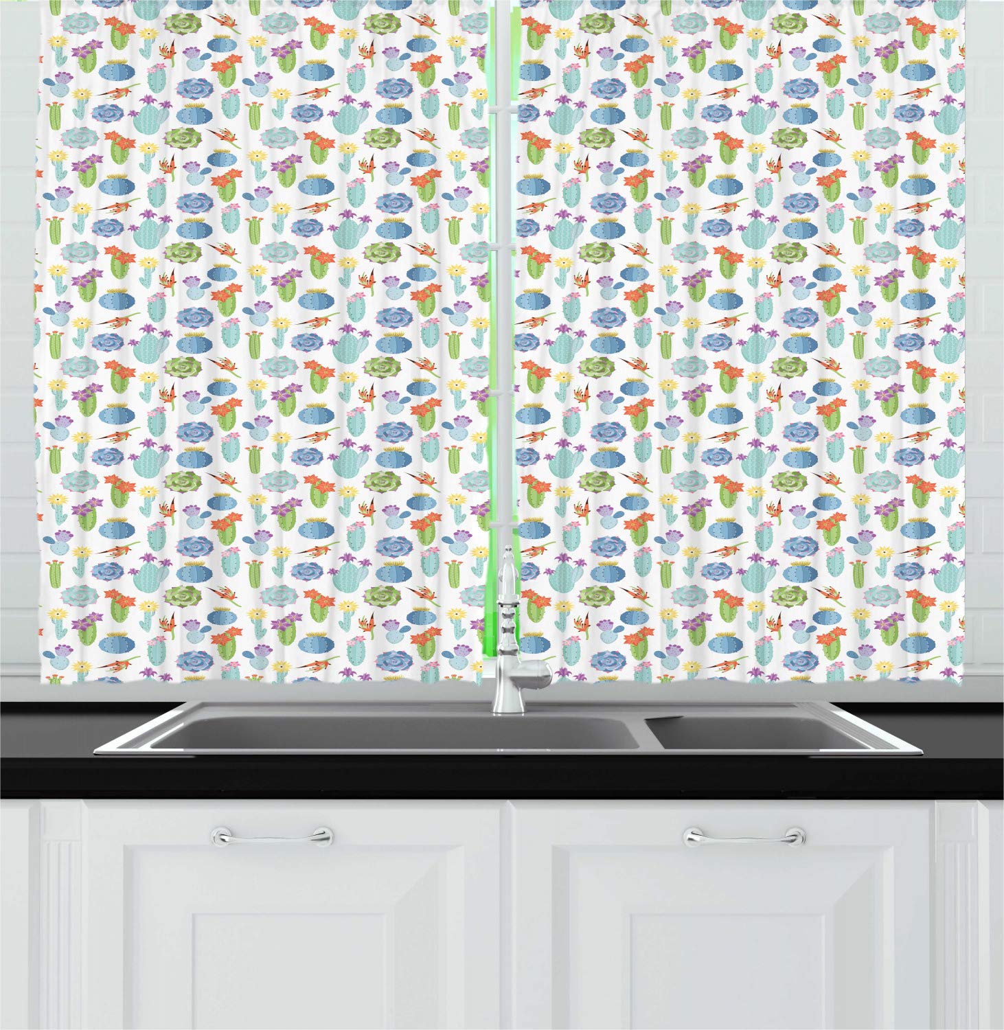 Ambesonne Succulent Kitchen Curtains - Colorful Botanical Window Drapes with Exotic Floral Plants Design, 2 Panel Set (55