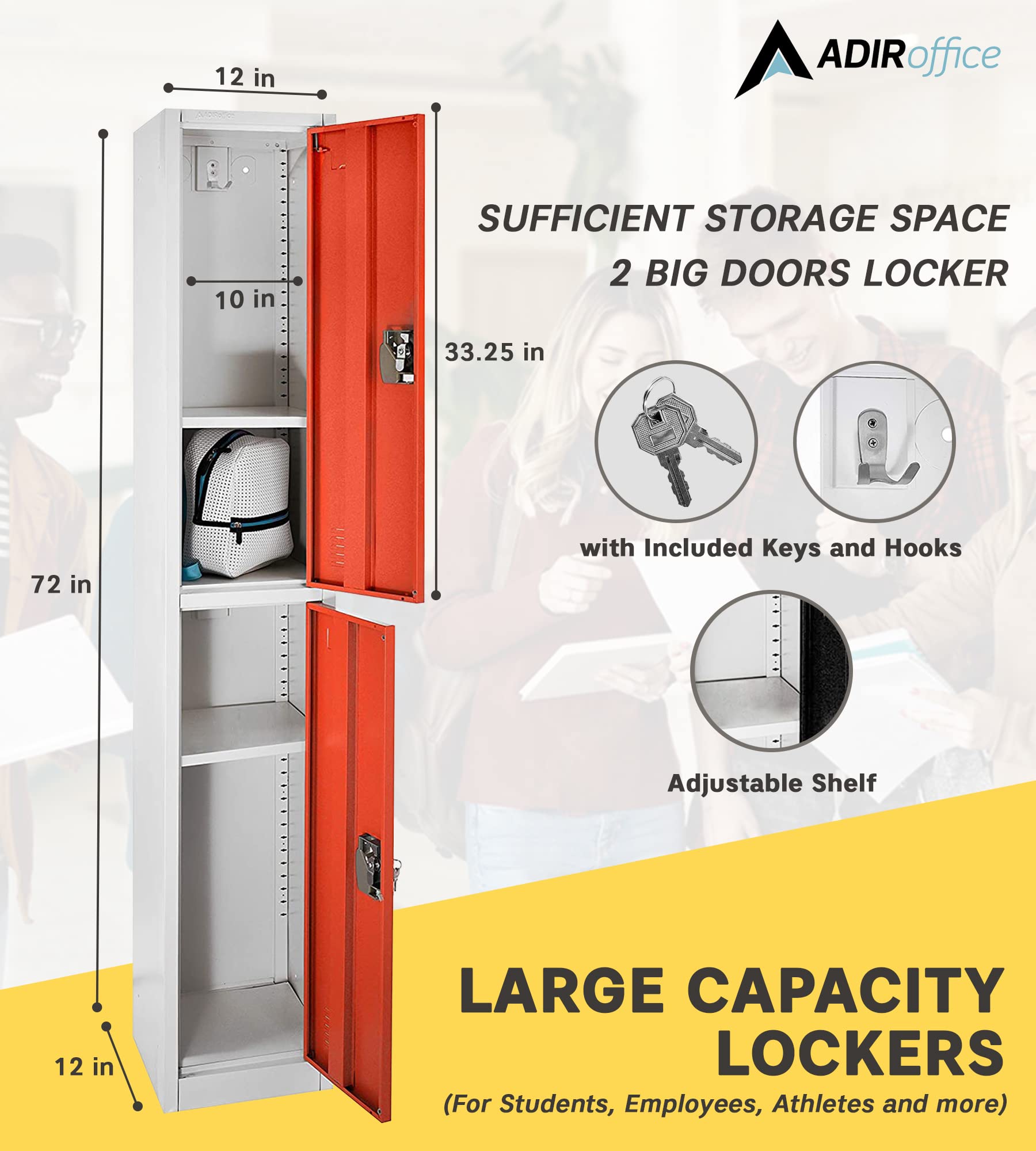AdirOffice Large 2-Door School Locker with Hooks - Heavy Duty Metal Storage Cabinet for Garage, Office, Classroom & Dorm Organization (Red) - Perfect for Storing Sports Gear, Tools & School Supplies