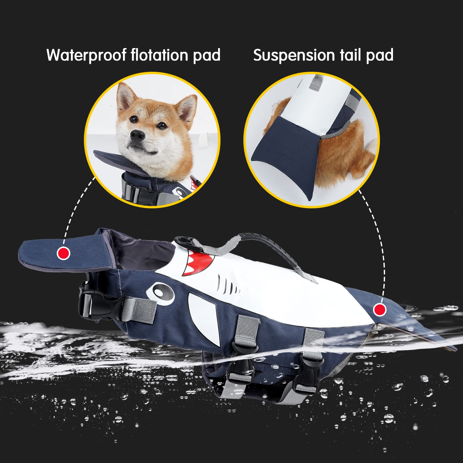 **Cartoon Shark Dog Life Jacket - Adjustable Pet Floatation Safety Vest with Rescue Handle & D-Ring for Swimming & Boating - Small, Medium, Large Sizes (Small) - Perfect for Beach, Pool & Boat Adventures**