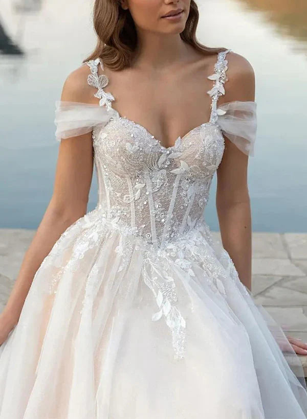 Elegant A-Line Sheer Lace Off-Shoulder Wedding Dress - Perfect for Beach, Garden & Romantic Ceremonies