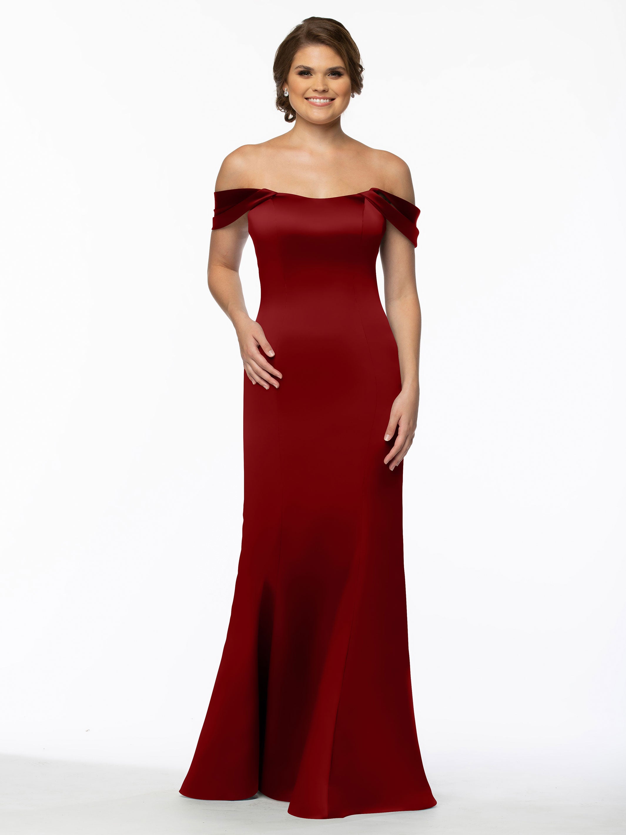 Elegant 80151 Fitted Satin Bridesmaid Dress with Off-The-Shoulder Sleeves - Perfect for Weddings, Formal Events & Special Occasions