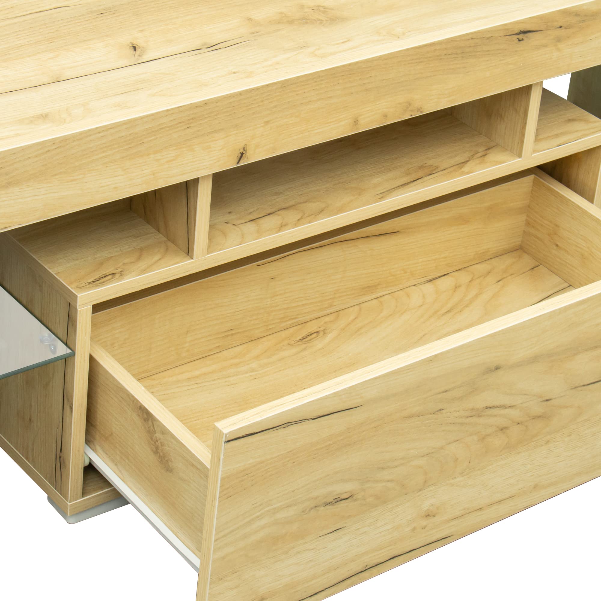 Modern TV Stand with RGB LED Lights - Oak Wood Entertainment Center for Flat Screen TVs & Gaming Consoles - Perfect for Living Room, Lounge & Home Theater Setup